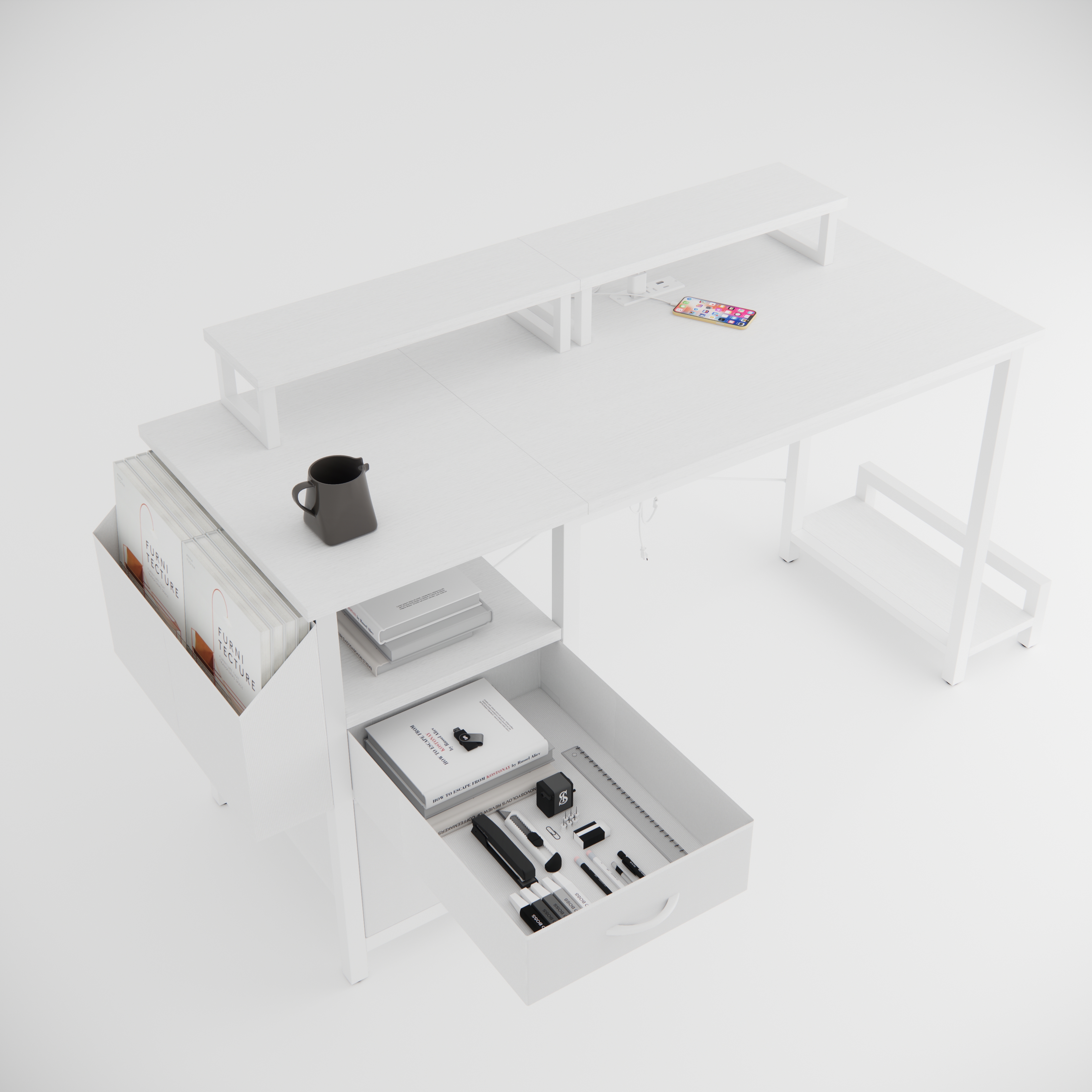 47.3" Computer Desk with power outlet,Monitor Stands,Shelves, Office Desk/Writing Table/Gaming desk With drawers,Large Side Pocket and Hooks,Easy to Assemble,Frame stability Reversible,Black