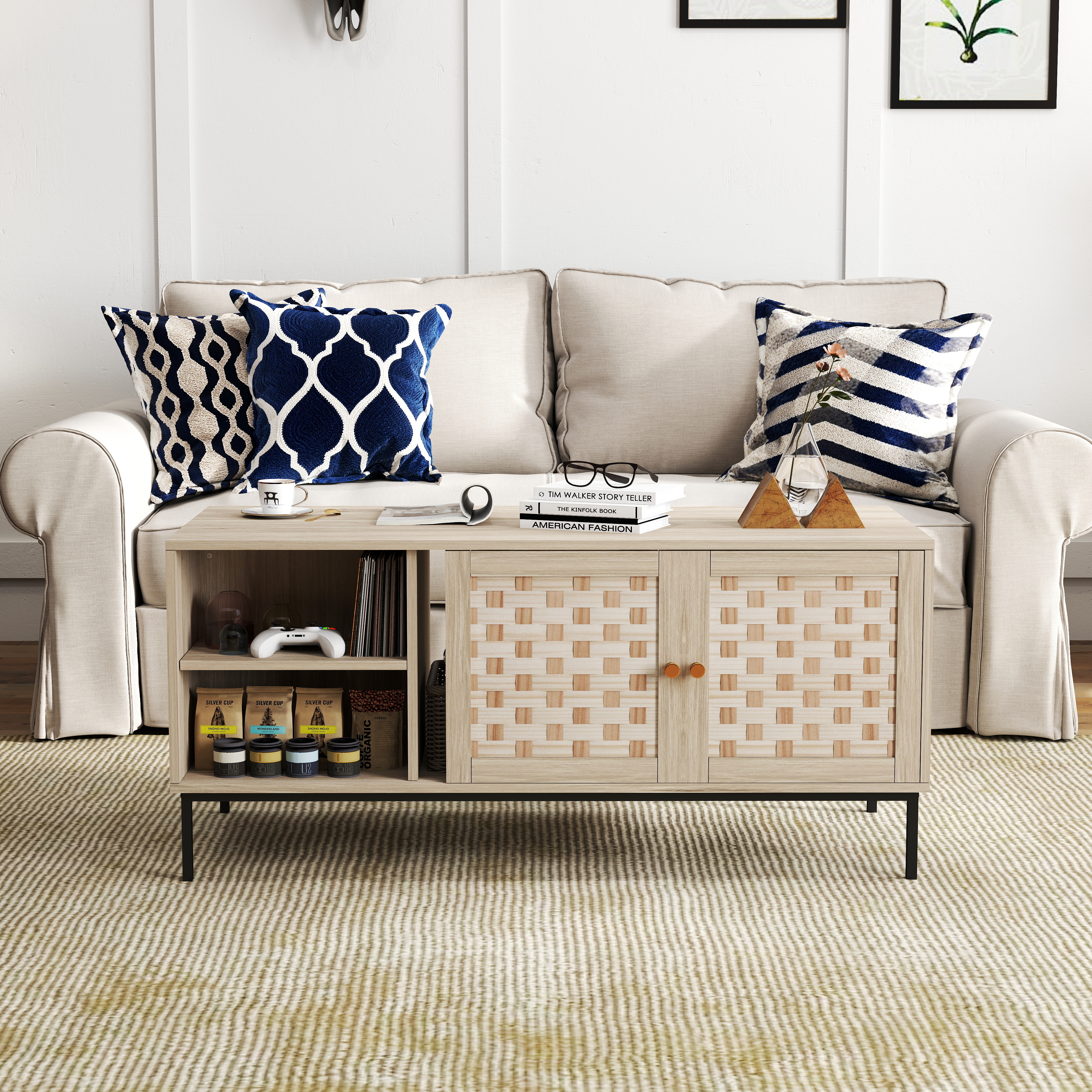 Elegant Veener Weaving Design Coffee Table with 4 Sliding Door, Wooden Center Rectangular Table with Symmetrical Design Storage Cabinet 