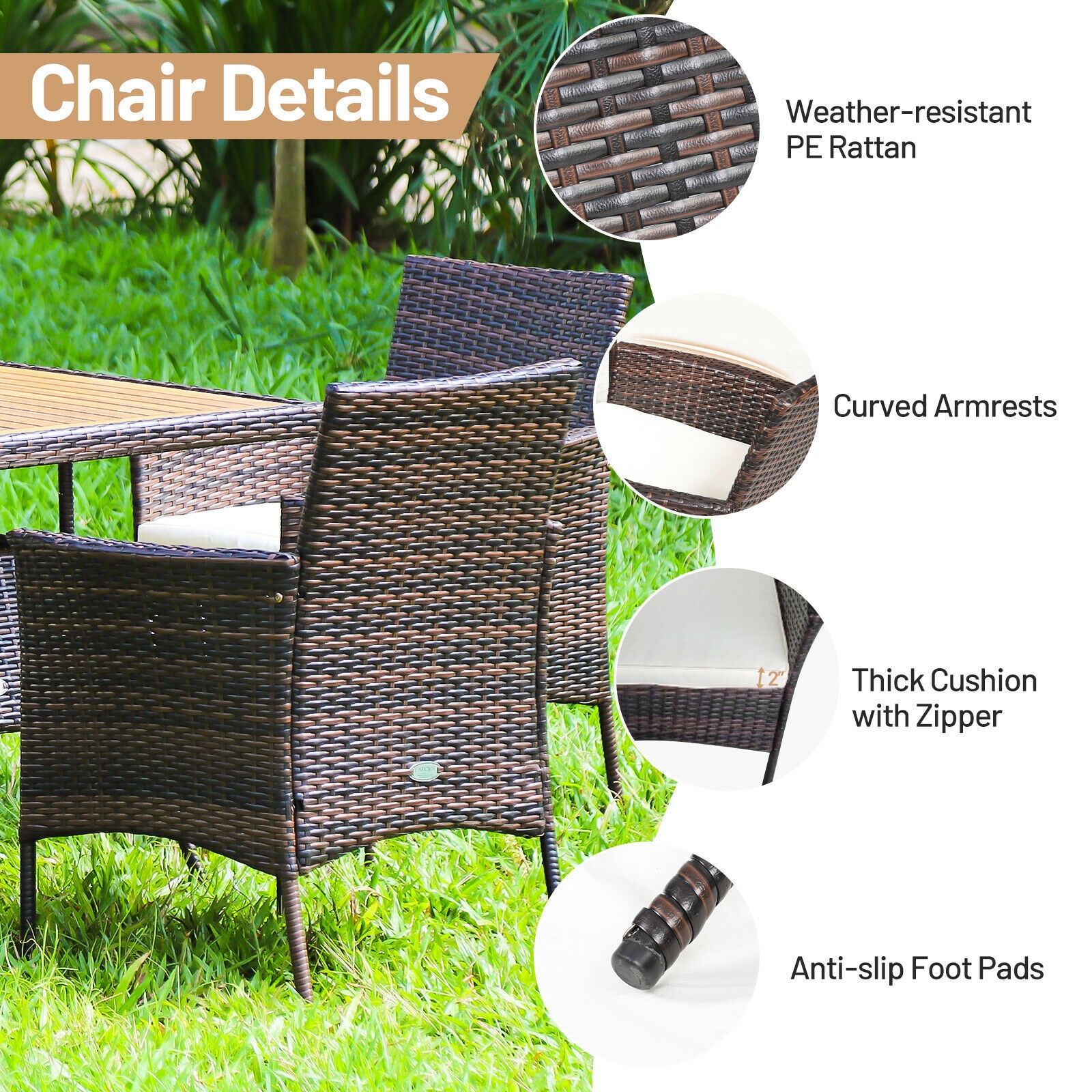 Mondawe 5 Pieces Patio Rattan Dining Furniture Set with Arm Chair and Wooden Table Top-Mondawe
