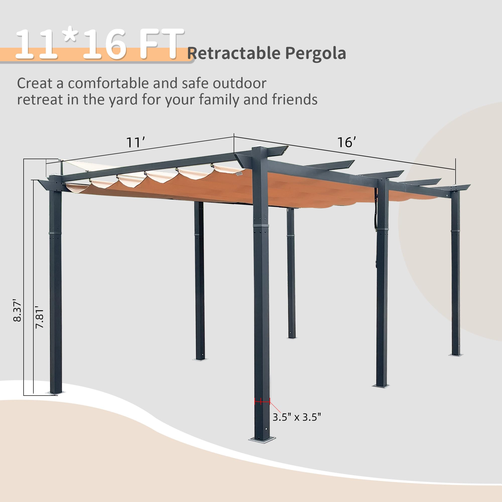 11 X 16 FT Outdoor Living Outdoor Retractable Pergola with Weather-Resistant Canopy Aluminum Garden Pergola Patio Grill Gazebo for Courtyard -Lake Blue/Dark Gray/Khaki