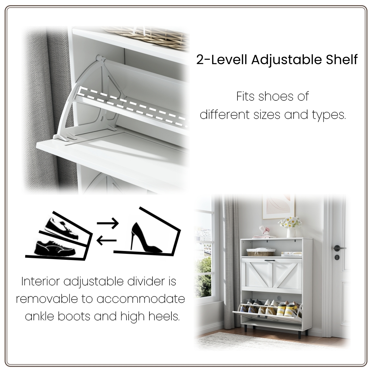 Farmhouse Shoe Storage Cabinet with Barn Door Design, Shoe Organizer with 2 Flip Drawers, Freestanding Narrow Shoe Rack Cabinet with Open Storage for Entryway,Foyer,Hallway,(Antique White/Natural Wood) 