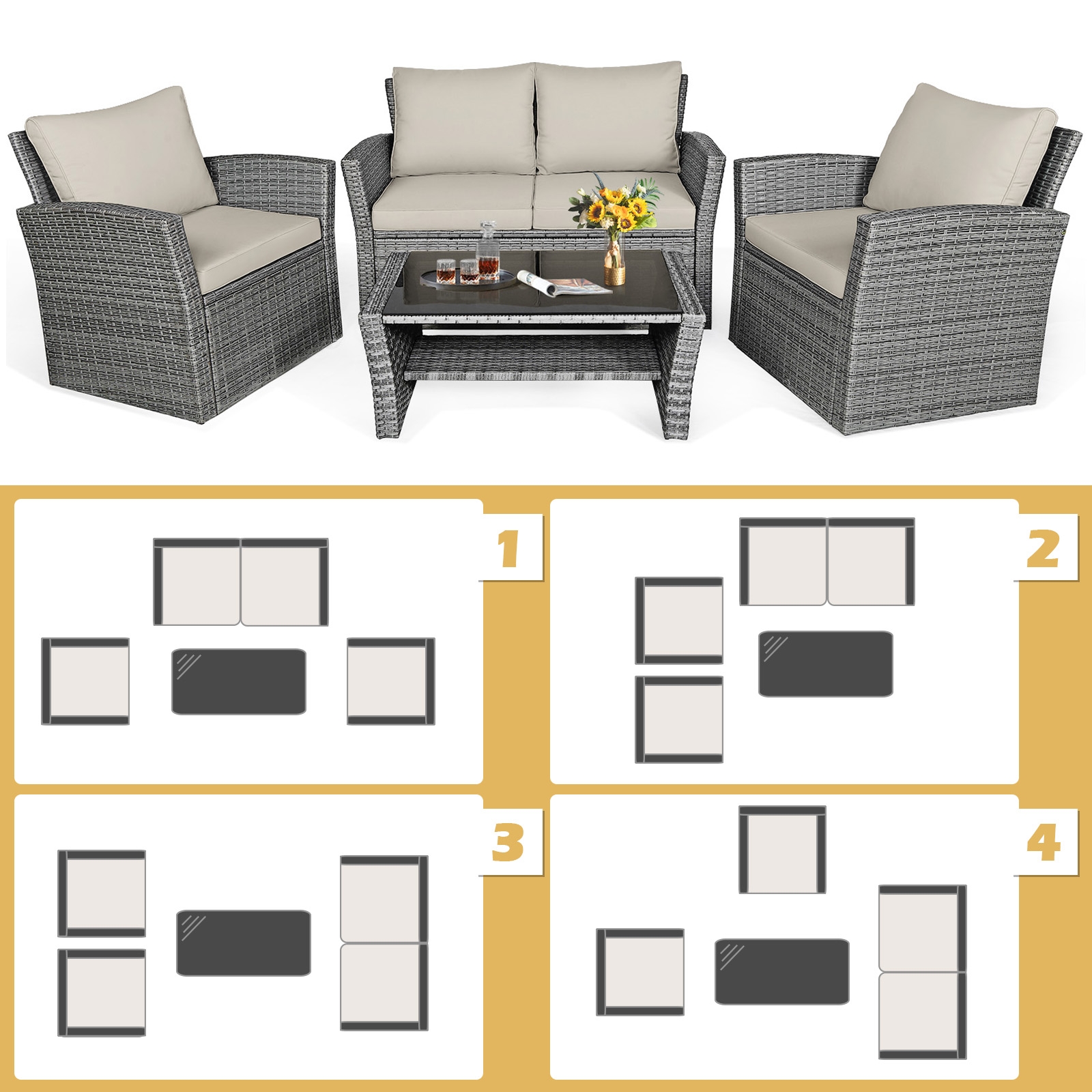 Mondawe 4 Pcs Patio Rattan Furniture Set Sofa Table with Storage Shelf Cushion-Khaki-Mondawe