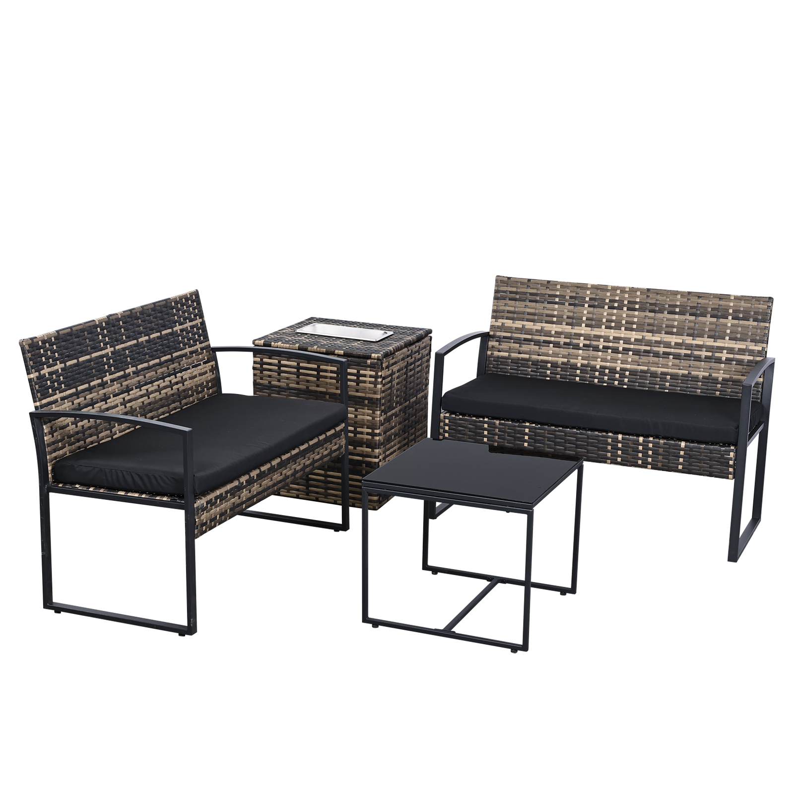 4-Piece Outdoor Patio Set with Ice Bucket Table – PE Rattan Double Chairs & Coffee Table Conversation Set with Storage, Waterproof Cushions, 5 Color Options