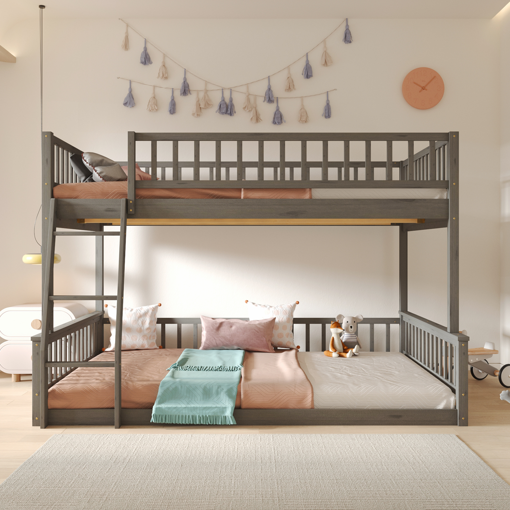 Full XL over Queen Bunk Bed with Ladder and Guardrails, Gray/Walnut