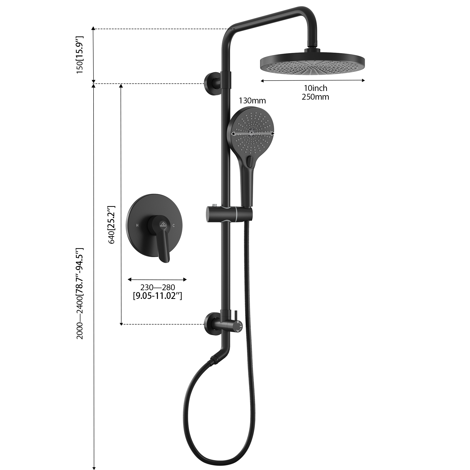2-Spray Patterns 10 in. Wall Mount Handheld Shower Head 1.8 GPM Shower Faucet in Matte Black