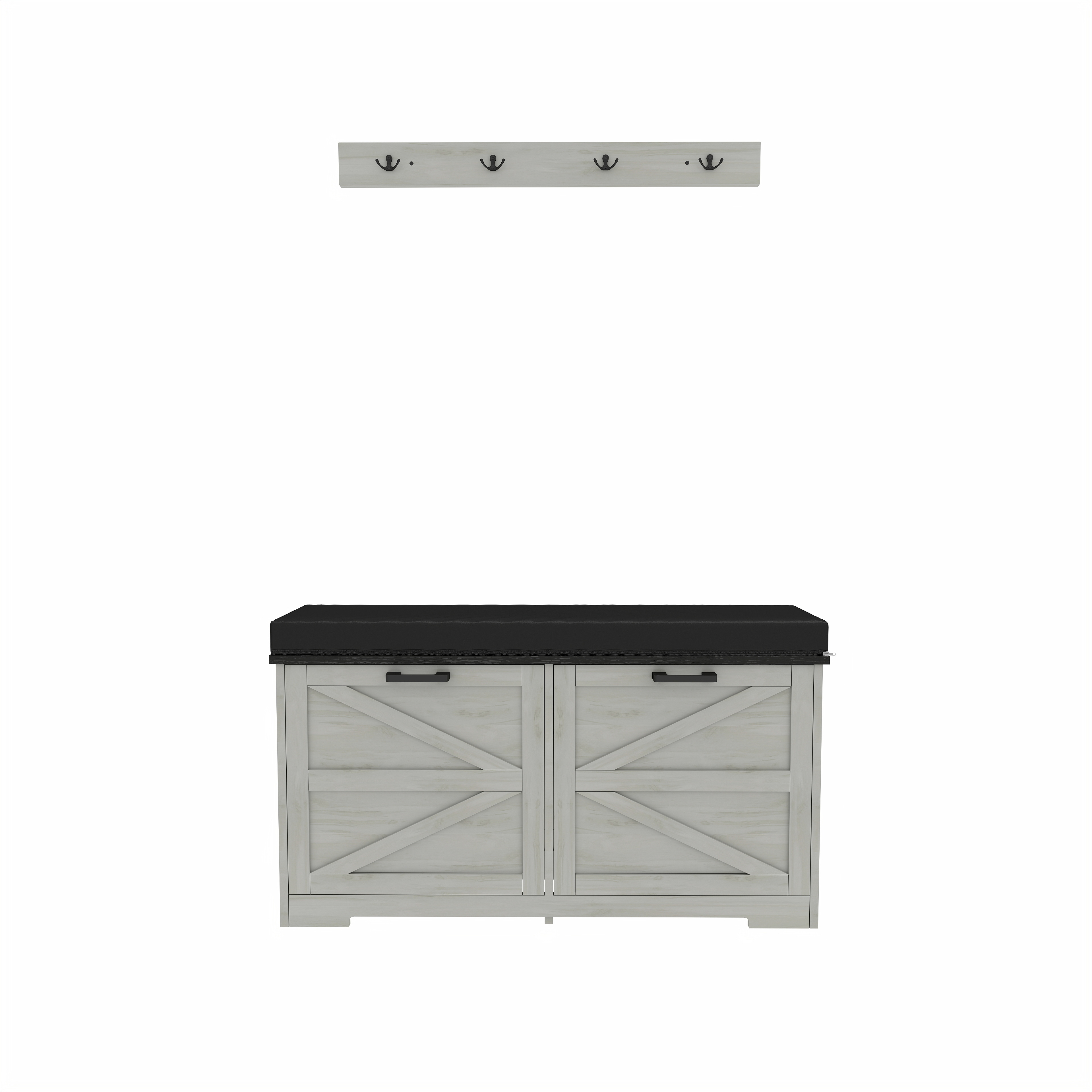 Farmhouse Shoe Storage Bench with Coat Rack, Antique White Shoe Bench with 2 Adjustable Flip Drawer, Hall Tree with Padded Seat Cushion and Shoe Organizer for Entryway, Hallway 