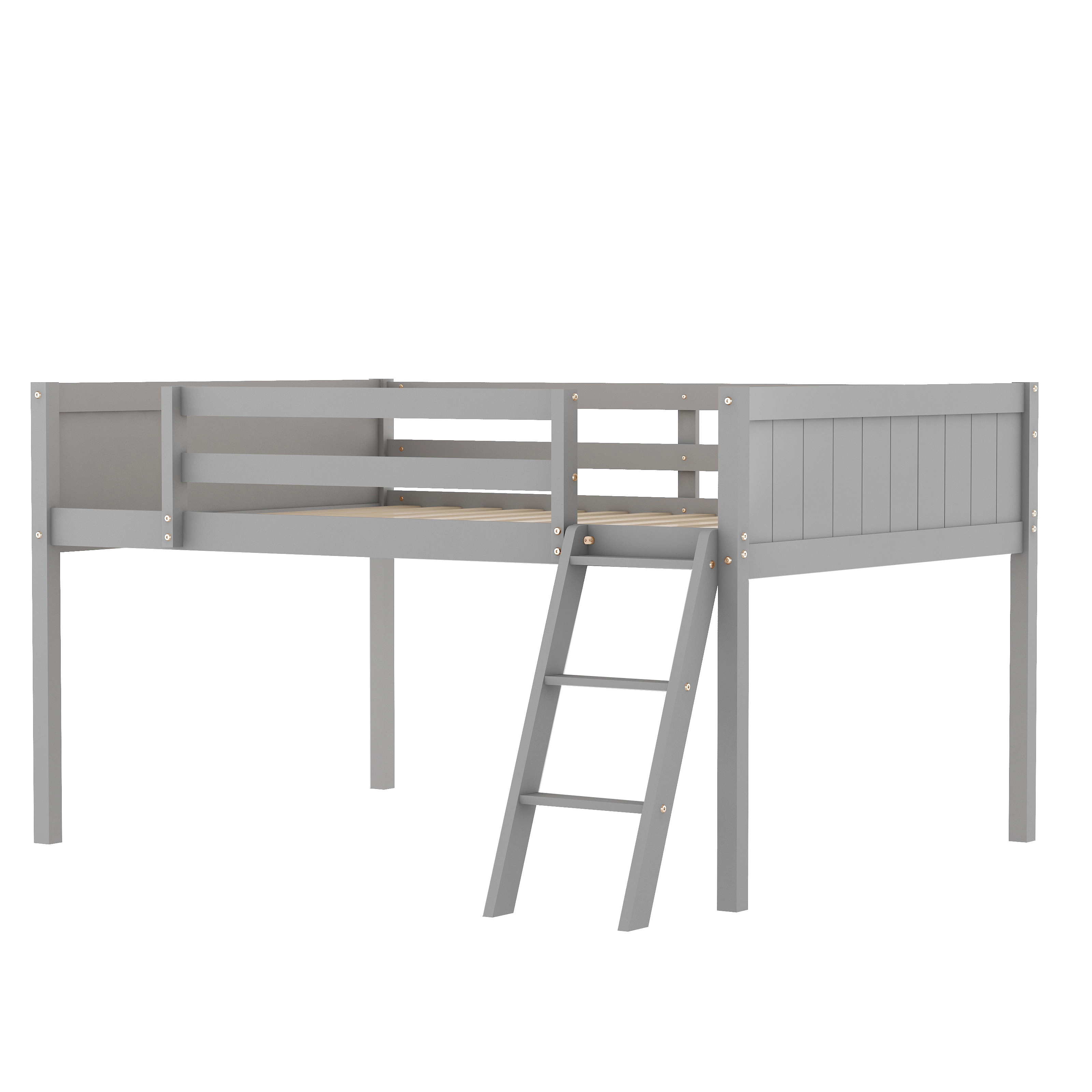 Full Size Wood Low Loft Bed with Ladder, ladder can be placed on the left or right, Gray/White