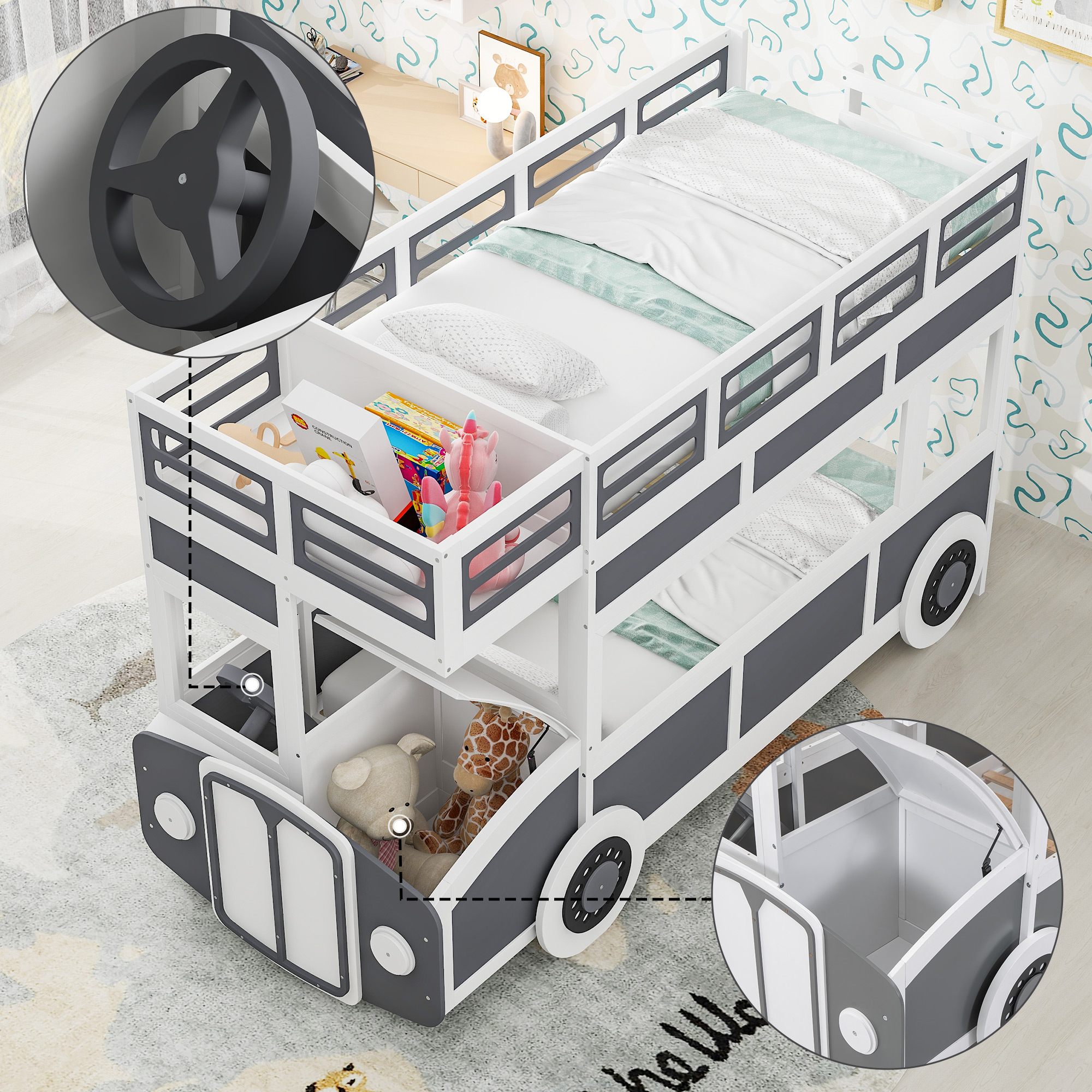 Twin over Twin Bus-shaped Bunk Bed with Wheels and Storage, Gray+White 