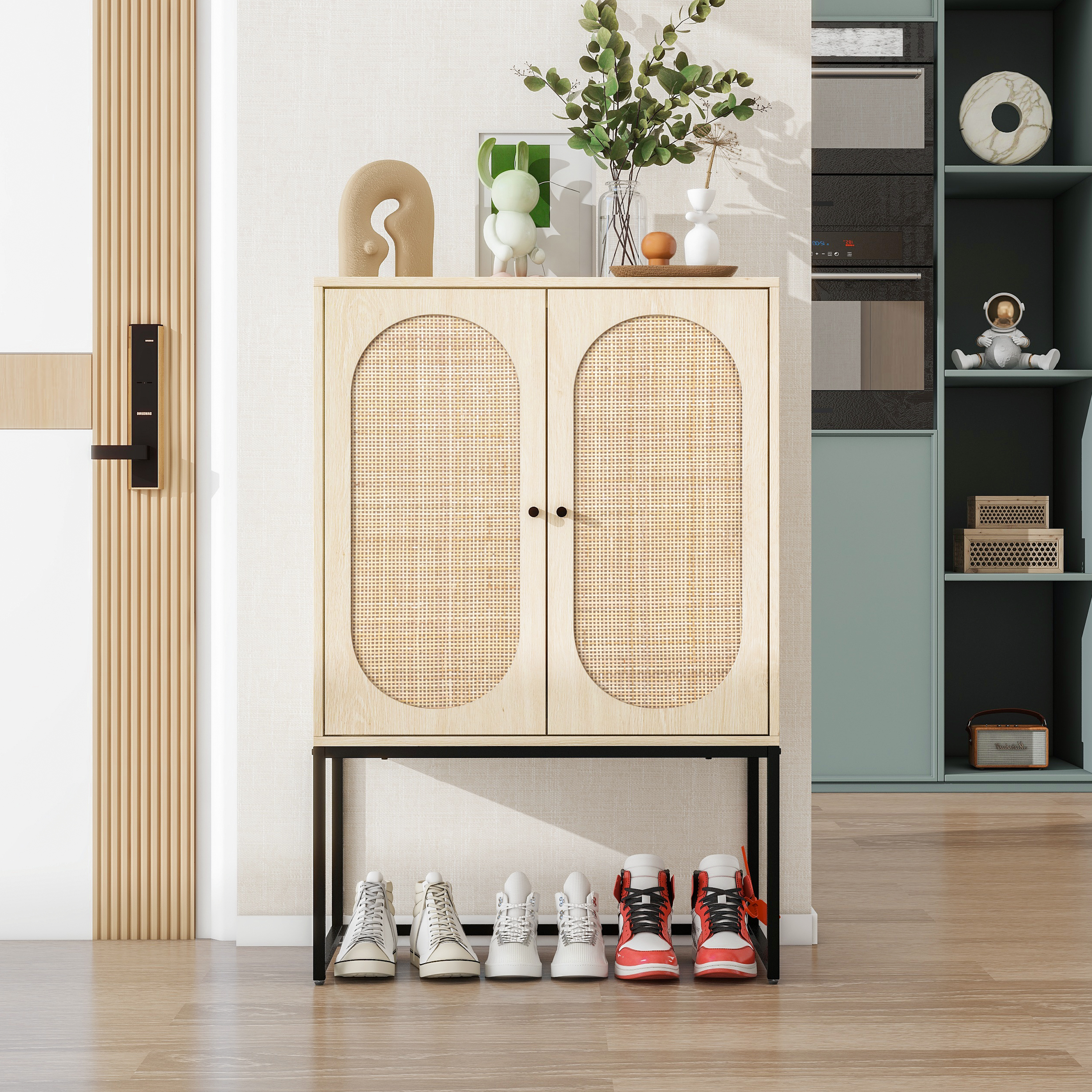 Allen 2 Door high cabinet, rattan, Built-in adjustable shelf, Easy Assembly, Free Standing Cabinet for Living Room Bedroom 