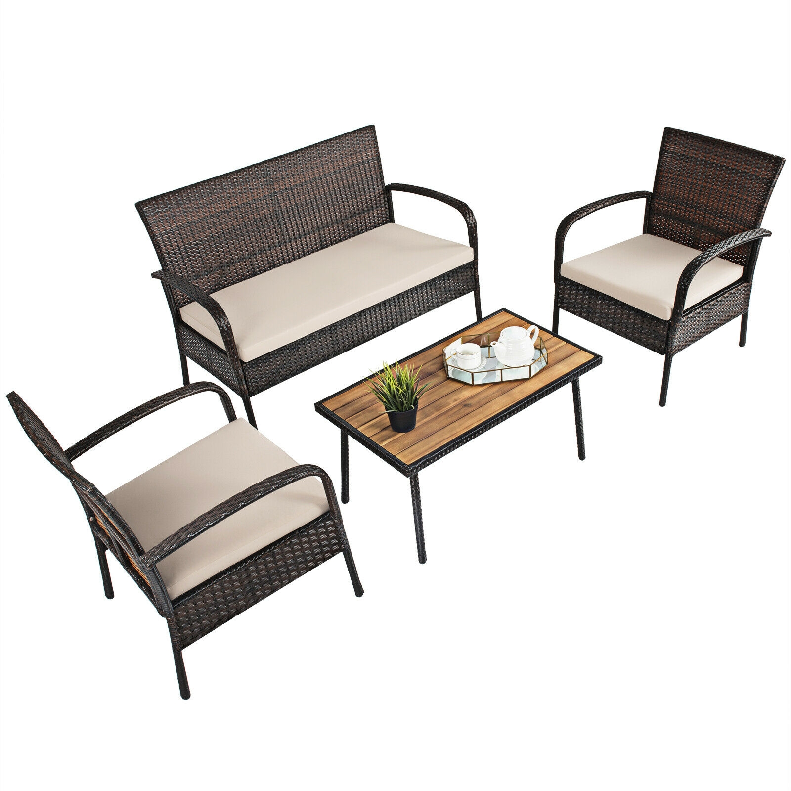 Mondawe 4 Pieces Patio Rattan Outdoor Conversation Set with Cushions-Mondawe