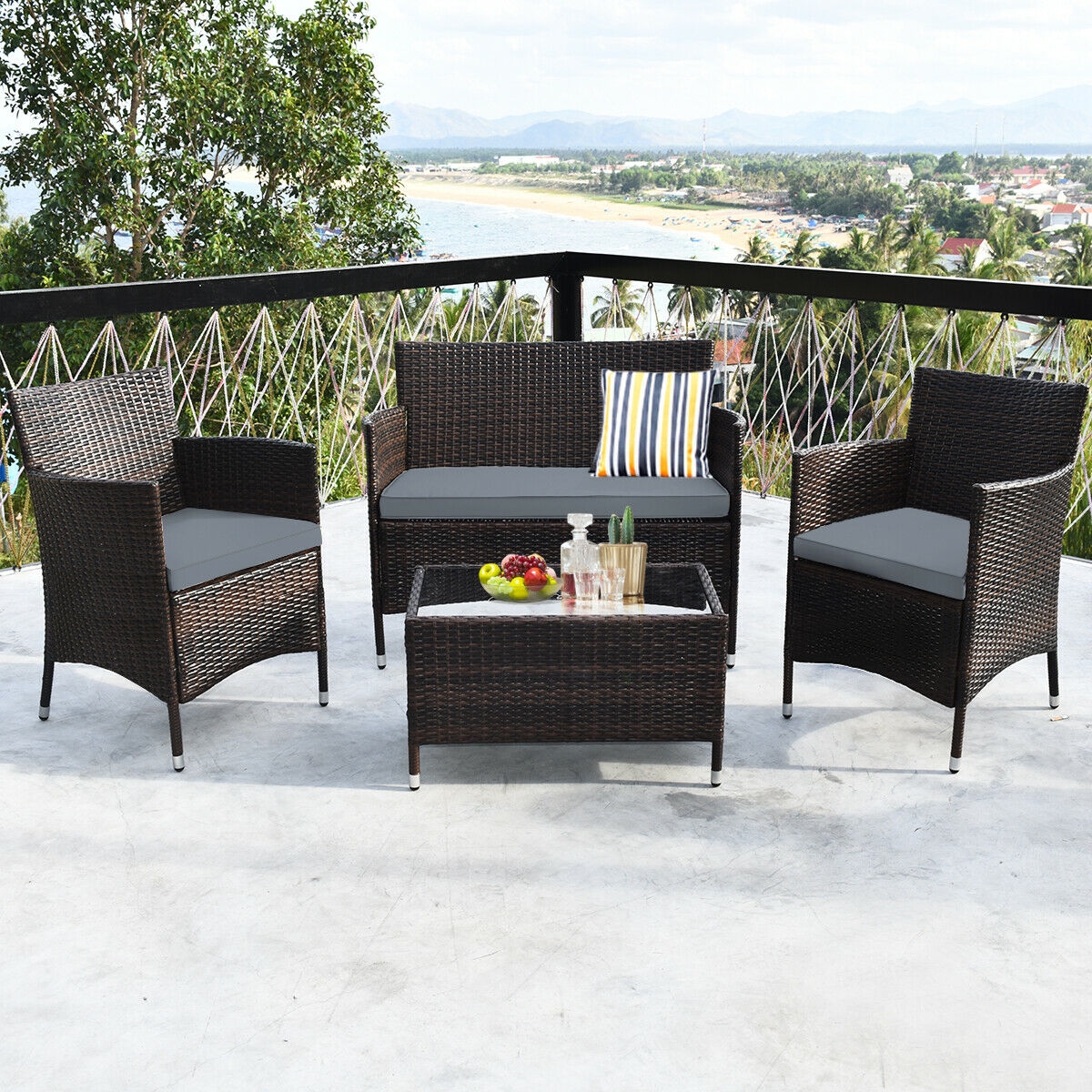 Mondawe 4 Pcs Rattan Outdoor Patio Conversation Furniture Set with Glass Table and Comfortable Wicker Sectional Sofa-Mondawe