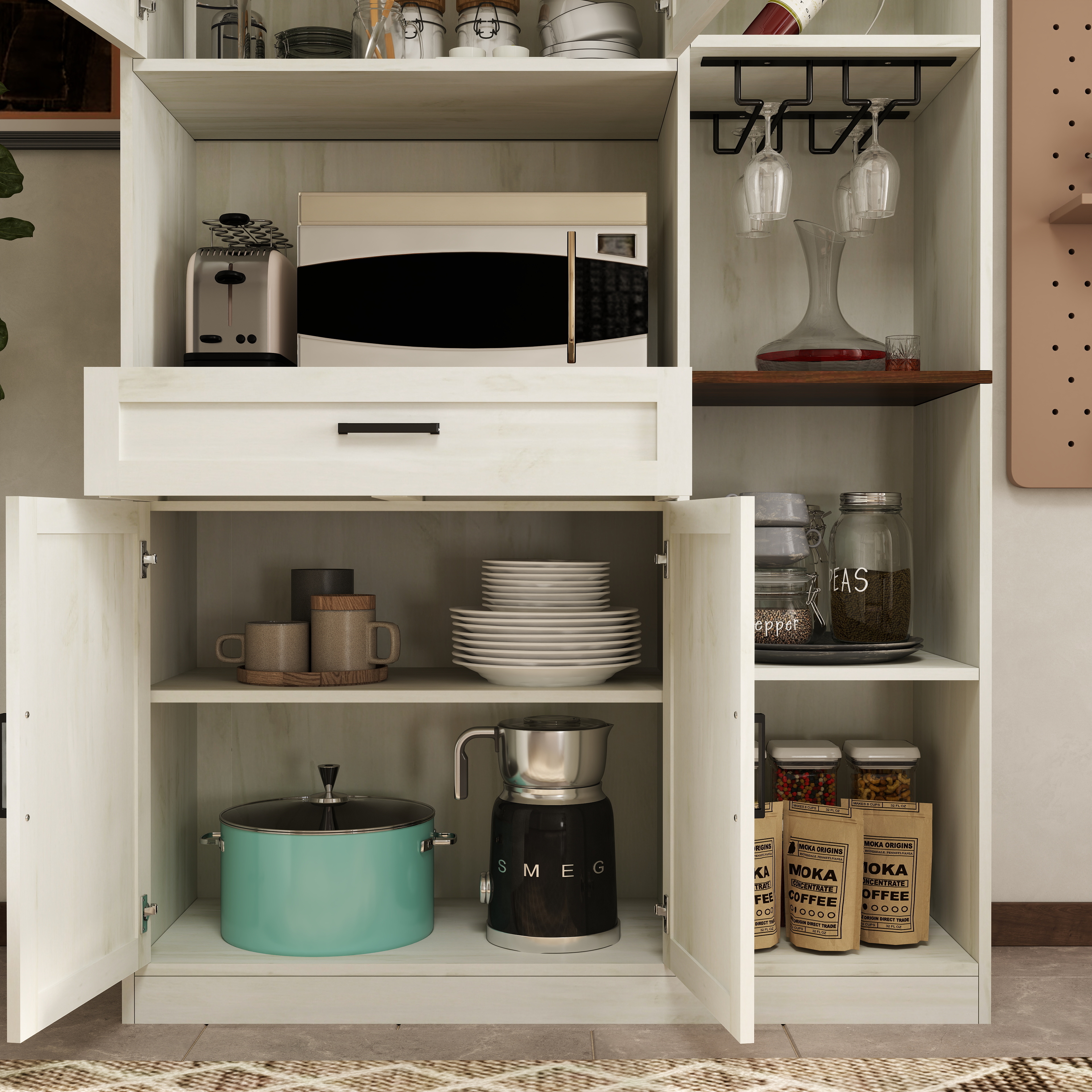 70.87'' Multifunctional Farmhouse Kitchen Pantry Sideboard with Cabinet and Drawer, Kitchen Buffet with Hutch and Glass Holder, Microwave Stand with Charging Station for Kitchen and Dining Room 