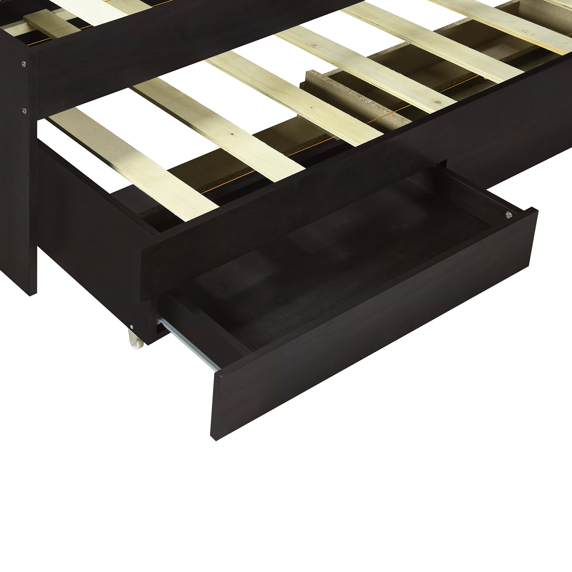 Full XL Size Platform Bed with Storage LED Headboard, Charging Station, Twin Size Trundle and 2 Drawers, Gray/Dark Brown