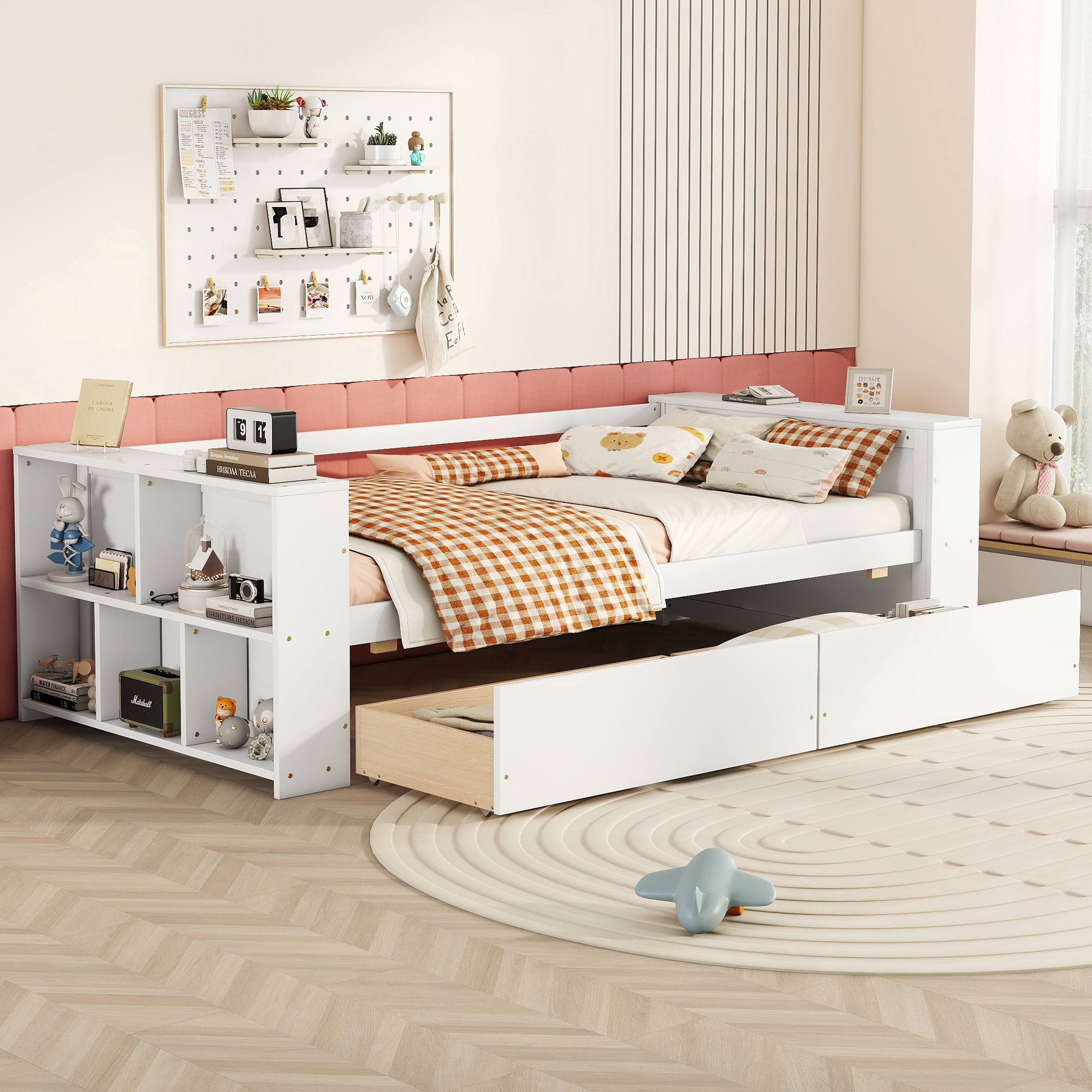 Twin Size Daybed with Shelves and Drawers, Gray/White