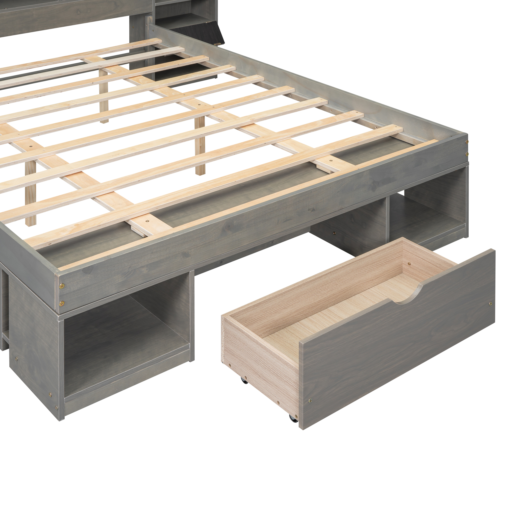 Queen Size Wood Platform Bed with Multi-storage Headboard and a Drawer, White/Gray