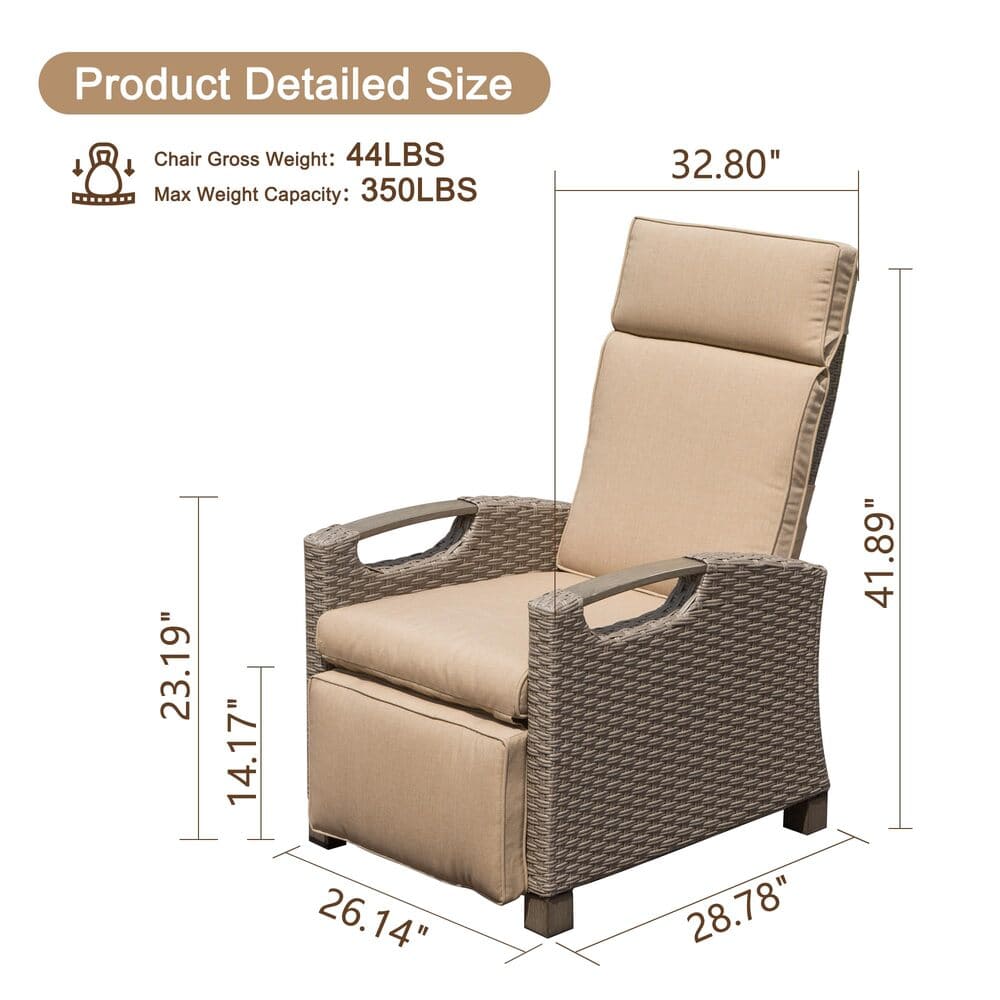 Outdoor Recliner Chair, Patio Recliner with Hand-Woven Wicker, Flip Table Push Back, Adjustable Angle, Thickness Cushions