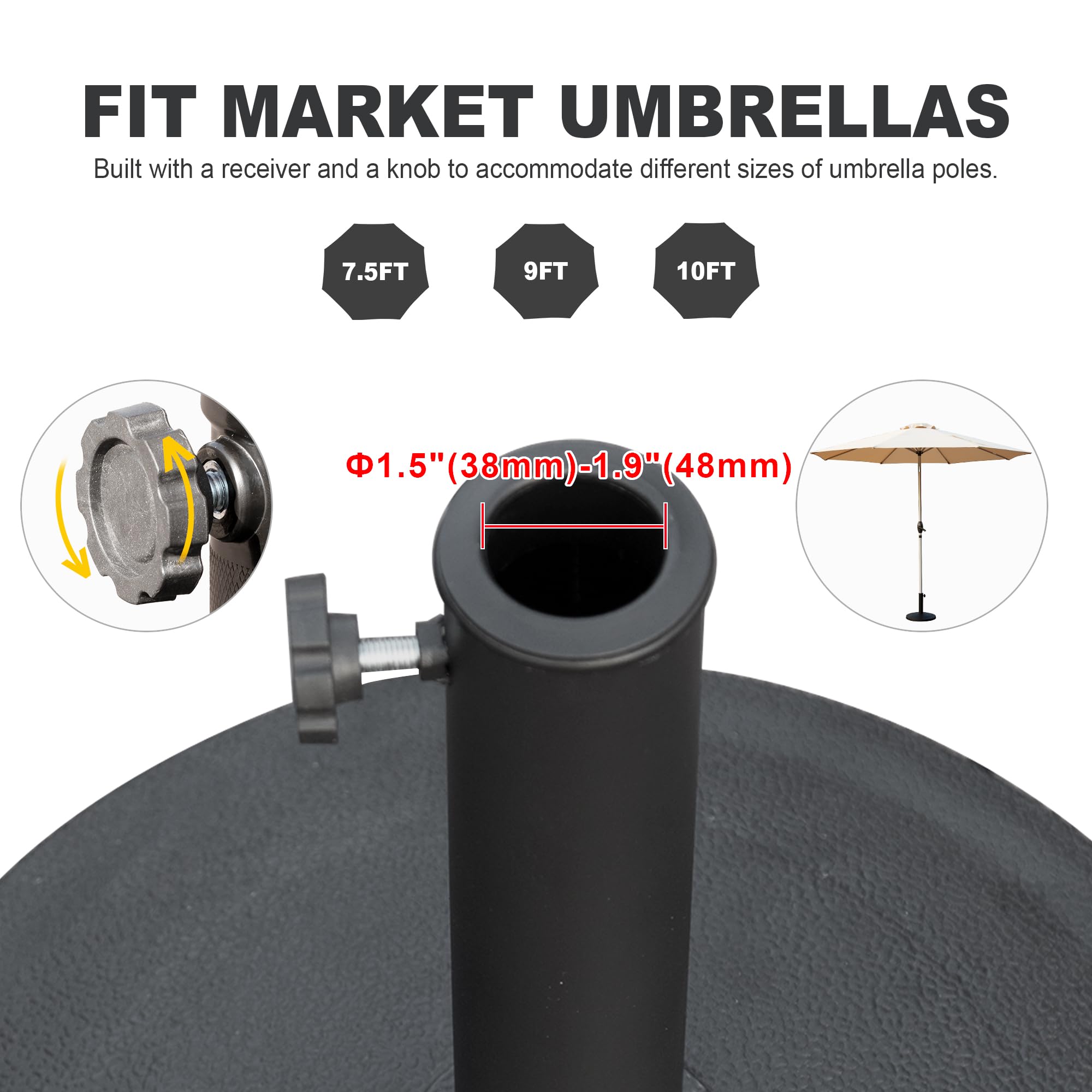 Patio Umbrella Base, Umbrella Stand Base with Adjustable Knob, Patio Table Umbrella Base for Outdoor 1.5''~1.9'' Market Umbrella Heavy Duty Umbrella Holder, Black