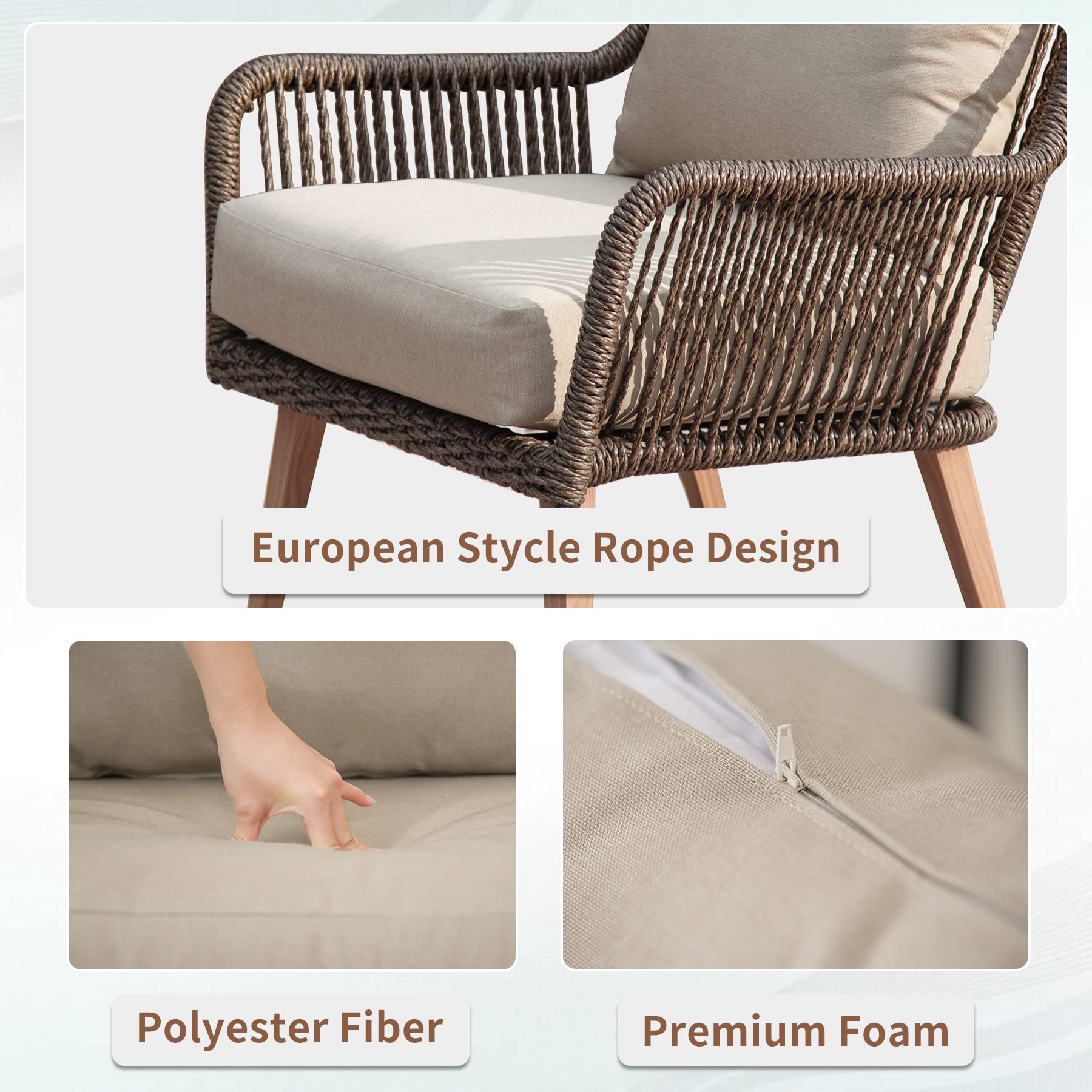 Patio Conversation Sets 4-Pieces, Handwoven Rattan Wicker Aluminum Frame Outdoor Patio Set, All-Weather Modern Rope Patio Loveseat with Coffee Table for Garden Balcony Deck Poolside Porch (Khaki)