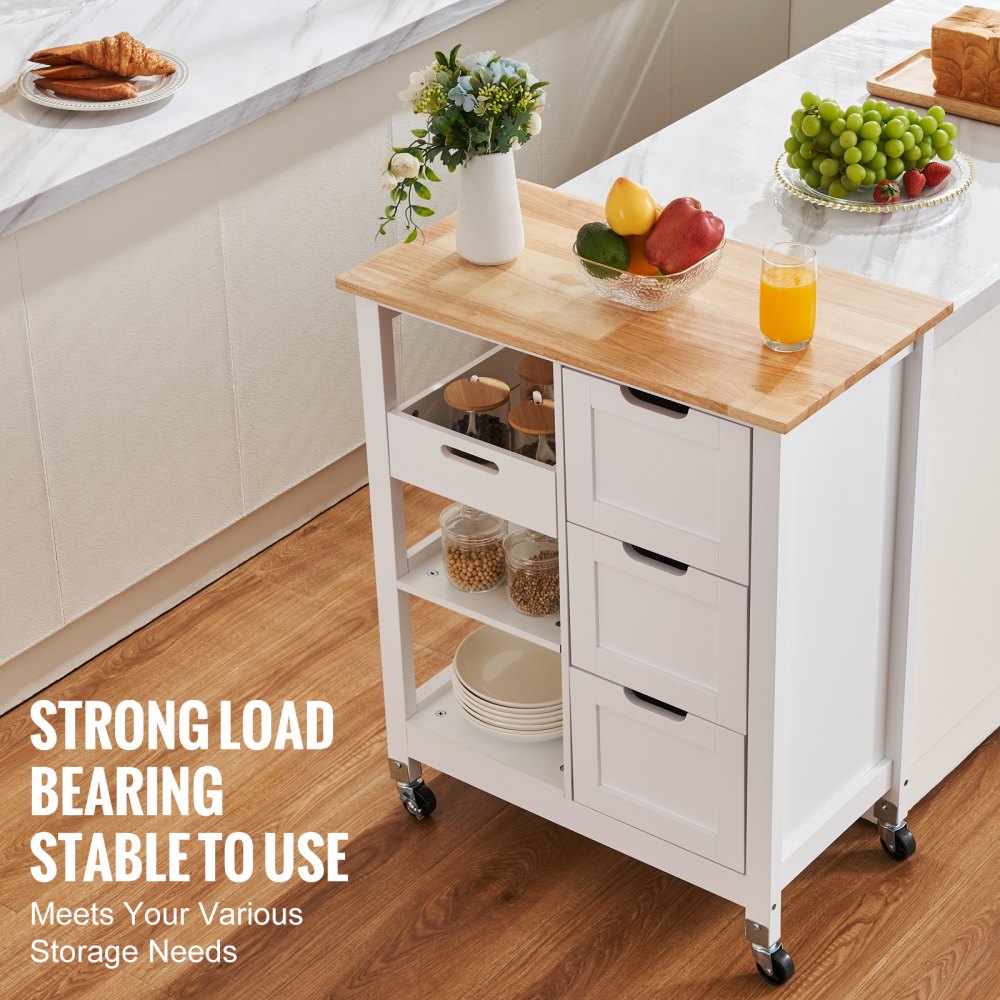 Rolling Portable Small Kitchen Island Cart on Wheels with Solid Wood Top, Dining Room Serving Utility Carts Mobile Movable with 3 Drawers and Storage Shelves Cabinet, White 