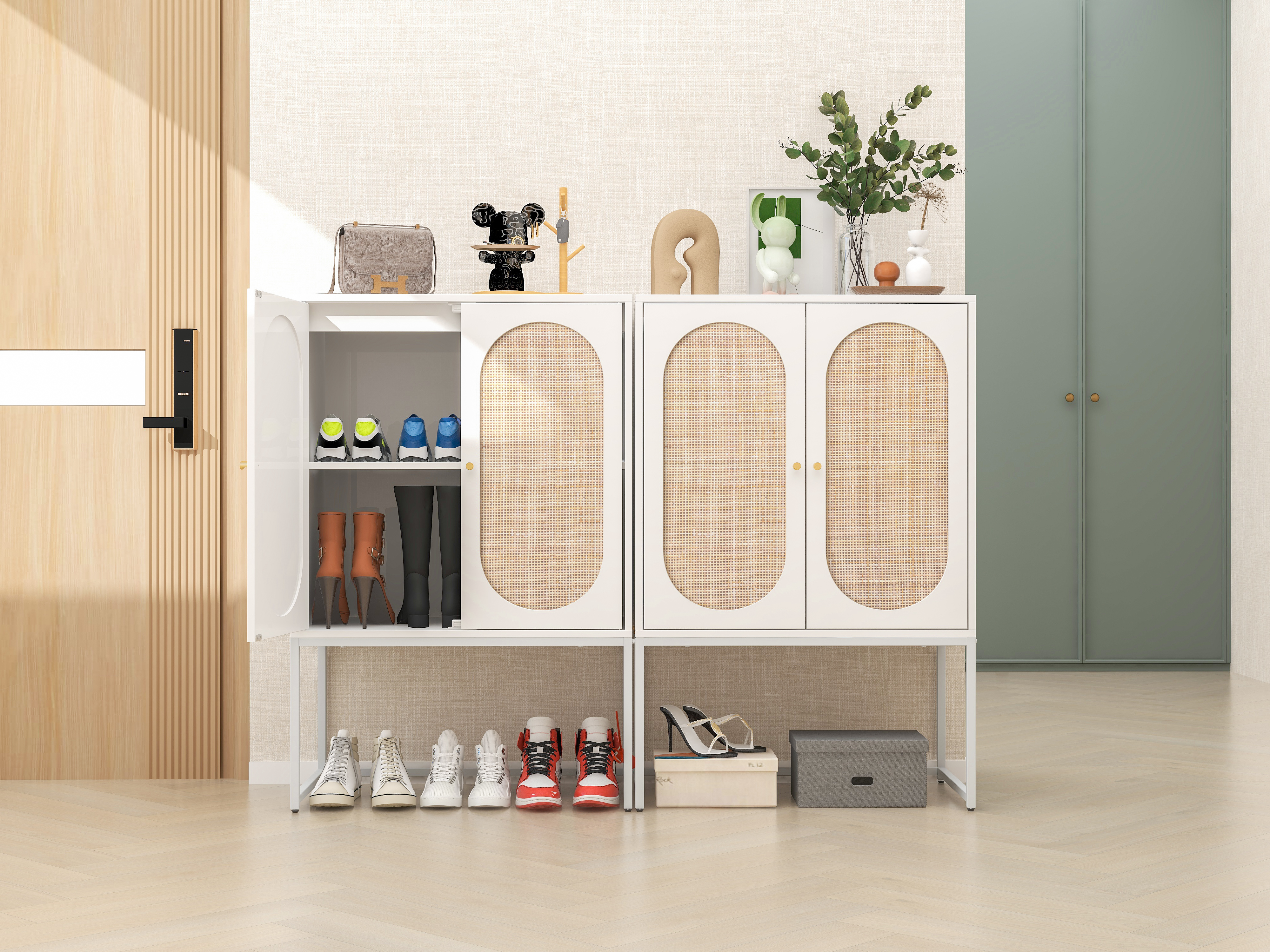 Set of 2, Natural Rattan 2 Door High Cabinet, Built-in Adjustable Shelf, Easy Assembly, Free Standing Cabinet for Living Room Bedroom 