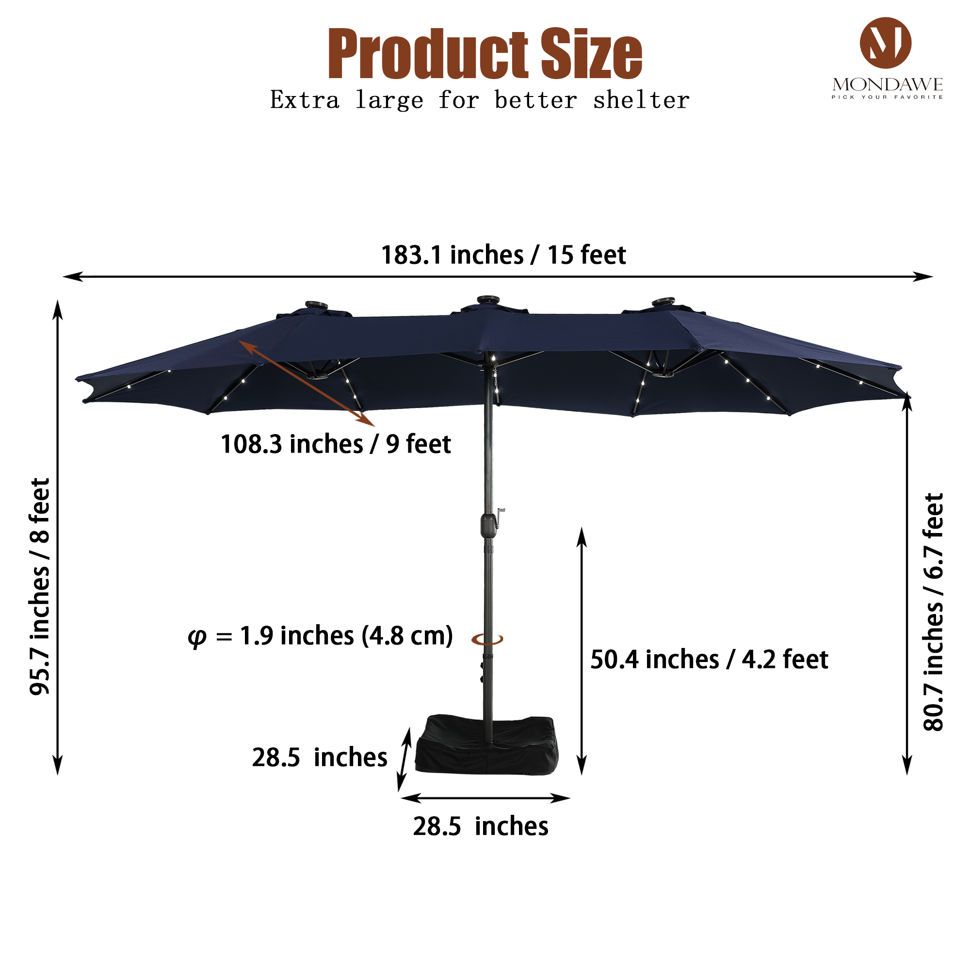 Mondawe 15ft Rectangular Patio Umbrella with Base and LED Lights-Mondawe