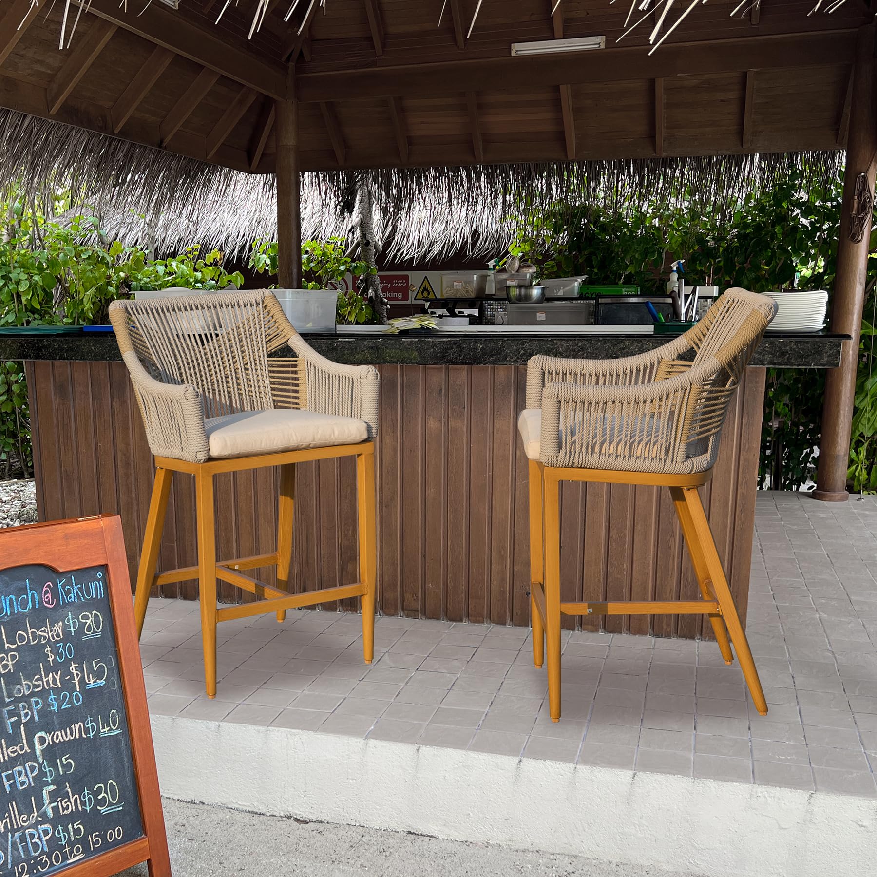 Bar Stools Set of 2, Outdoor Counter Height Bar Chairs with Arm and Backrest, Aluminum Tall Bar stools with Cushion Modern Textilene Rope Boho Barstools for Garden, Pool, Patio, Kitchen-Square Backres/Rounded Backre