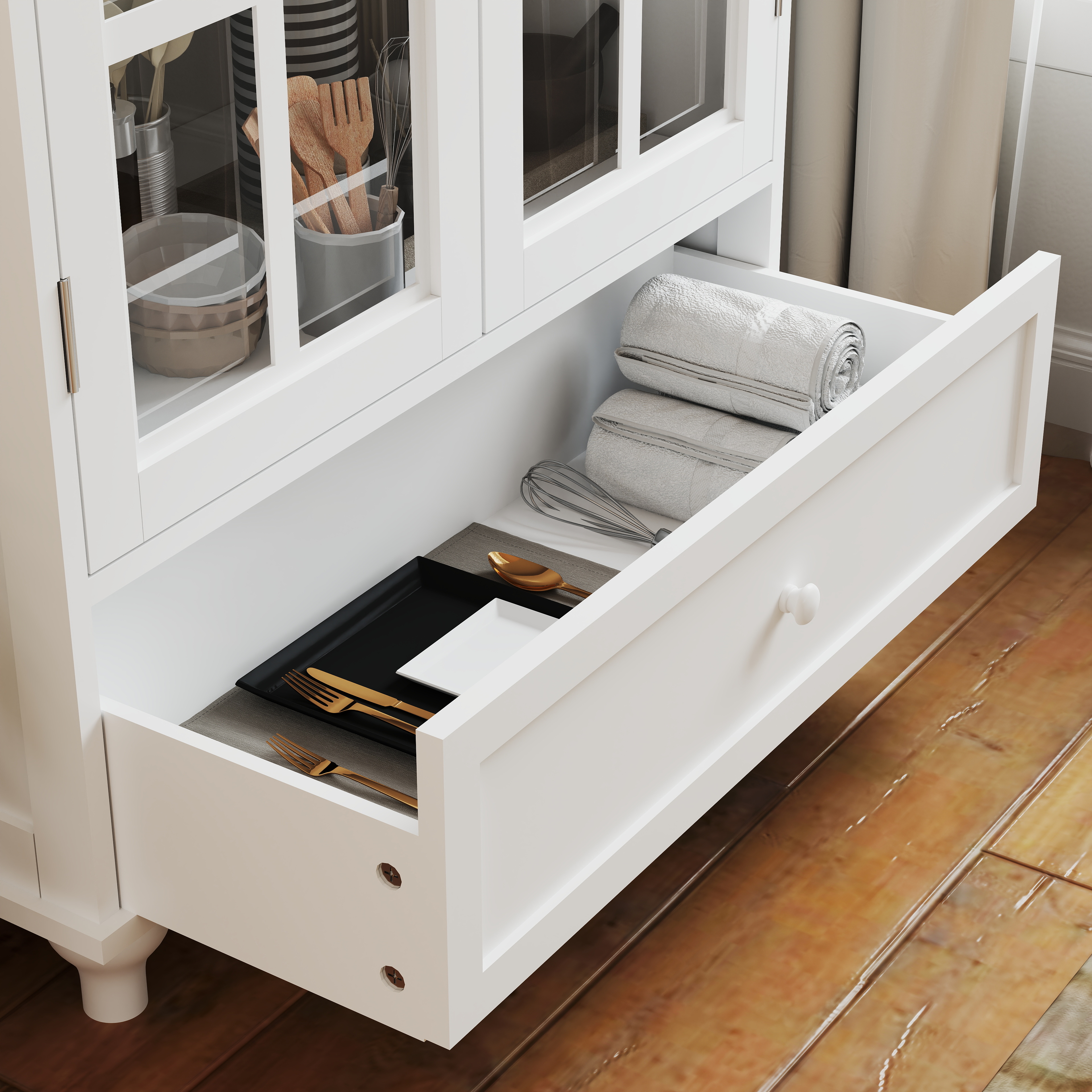 Minimalist White Buffet Cabinet with Double Glass Doors and Drawer, Modern Wooden Storage Sideboard Cupboard for Living room, Dining Room Hallway Entryway 