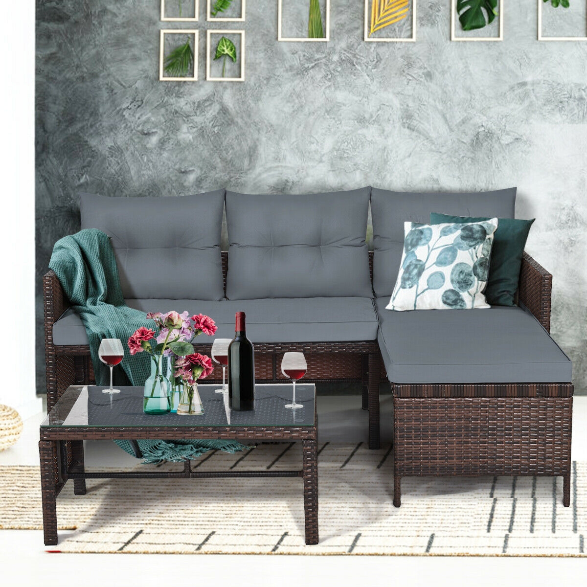 Mondawe 3 Piece Patio Wicker Rattan Sofa Set-Gray-Mondawe