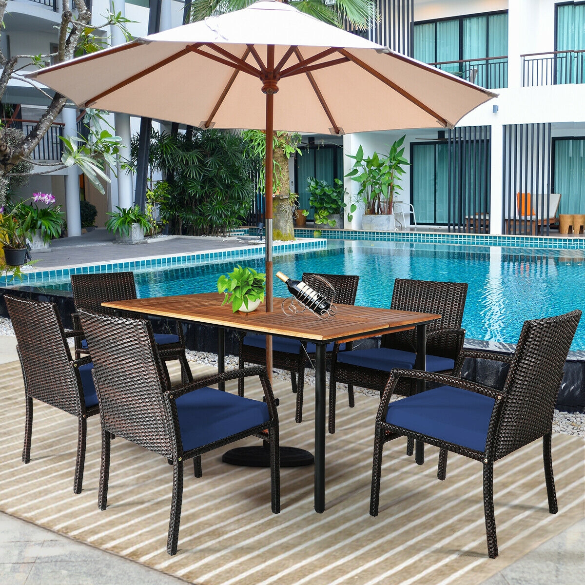 Mondawe 7Pcs Patio Rattan Cushioned Dining Set with Umbrella Hole-Navy-Mondawe