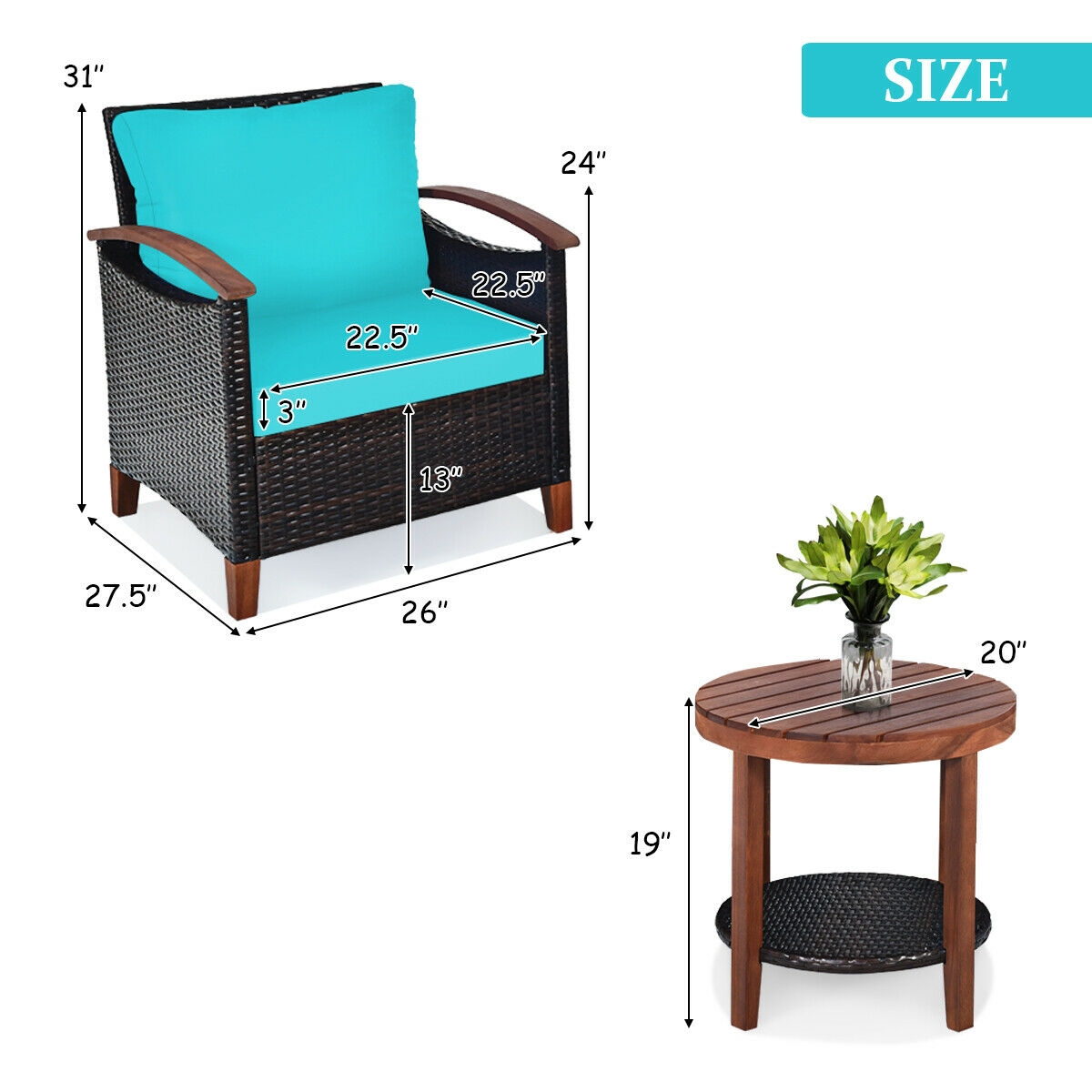 Mondawe 3 Pcs Solid Wood Frame Patio Rattan Furniture Set-Turquoise-Mondawe