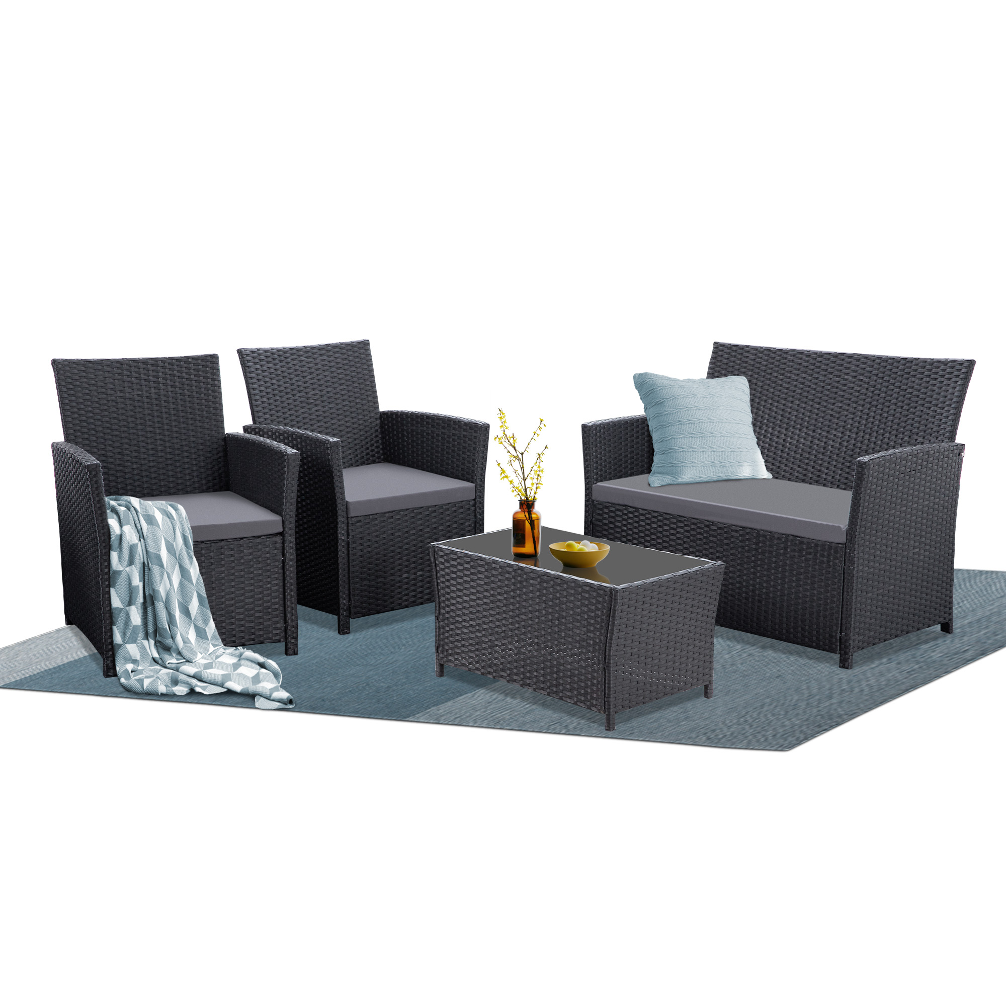 4-Piece PE Rattan Patio Furniture Set – Double Sofa, 2 Armchairs, Coffee Table with Cushions, Weather-Resistant Outdoor Conversation Set, Brown-Blue/Gray/Black-Gray/Black-Blue