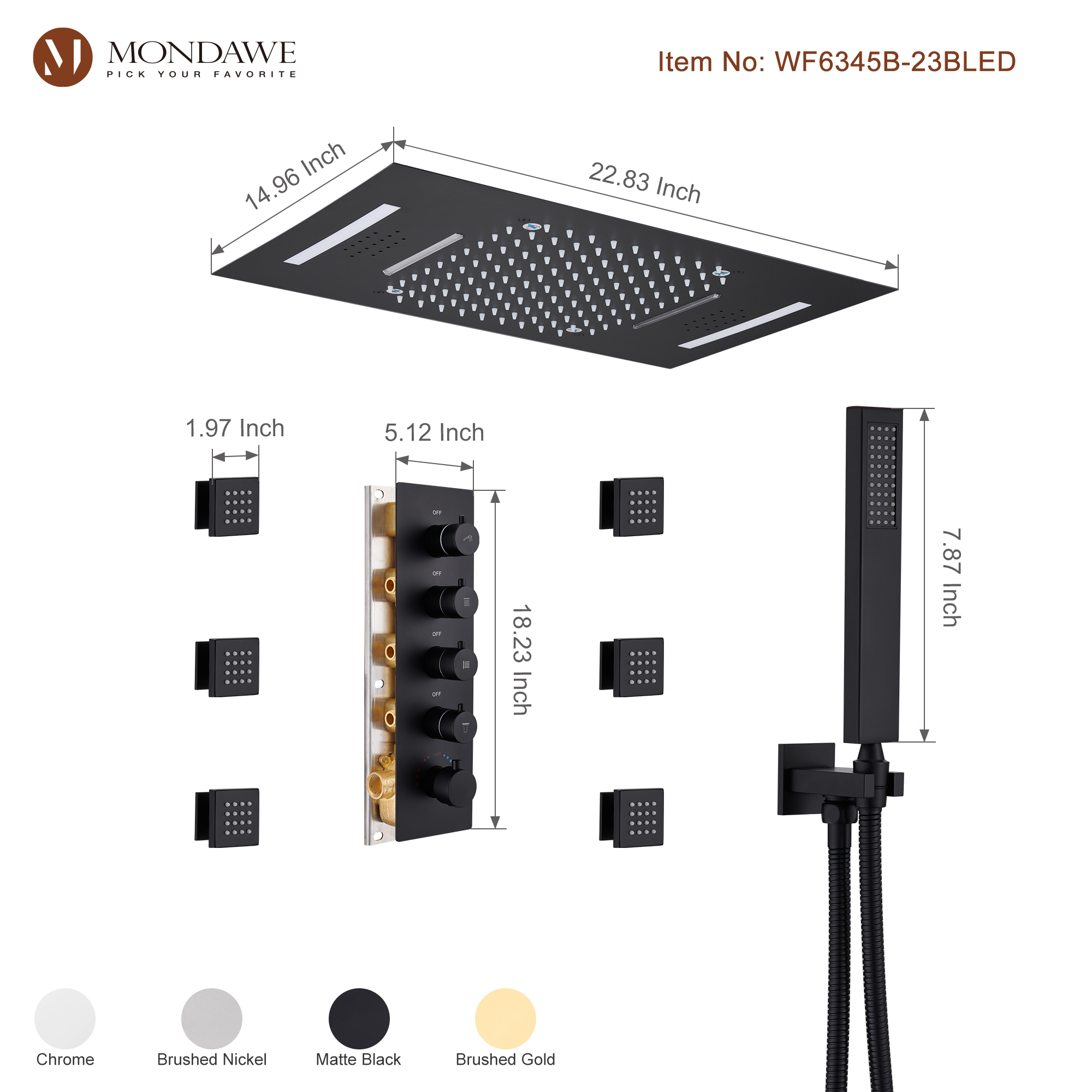 Mondawe Luxury 4-Way Thermostatic Shower System with LED and Music Player-Mondawe