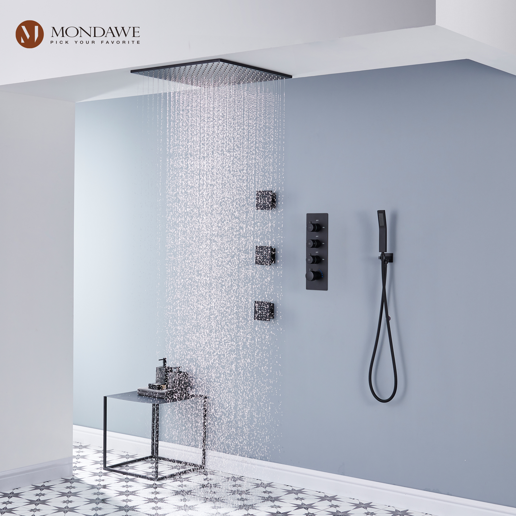 20 Inch Ceiling Mounted Rain Shower Head System Luxury 3-Spray Patterns Thermostatic Shower Faucets Sets Complete with 3-Function Shower Head and Solid Brass Handshower-Mondawe