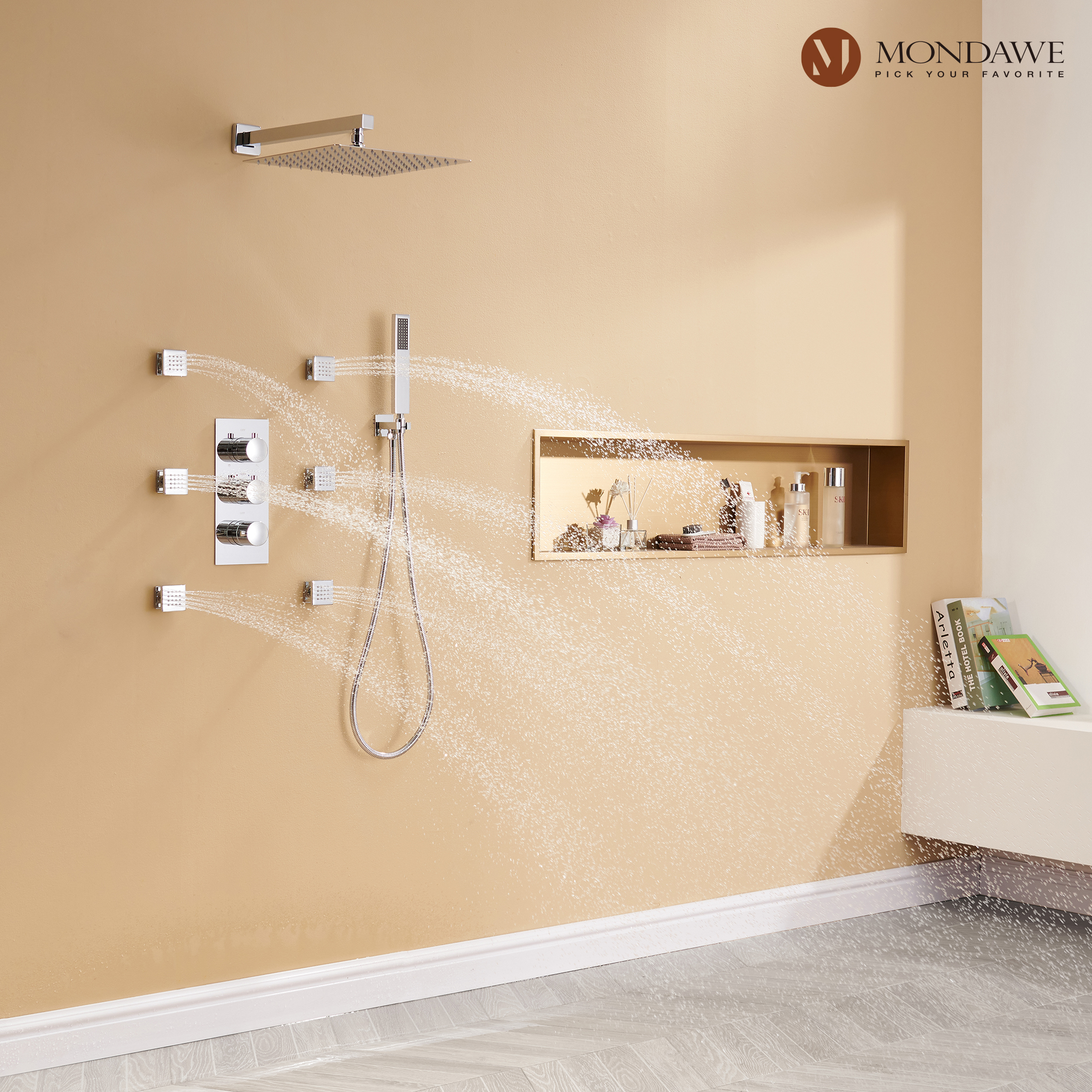 Mondawe Wall Mount Thermostatic Rain Head Shower System with Handheld Shower and Wall Body Jets-Mondawe
