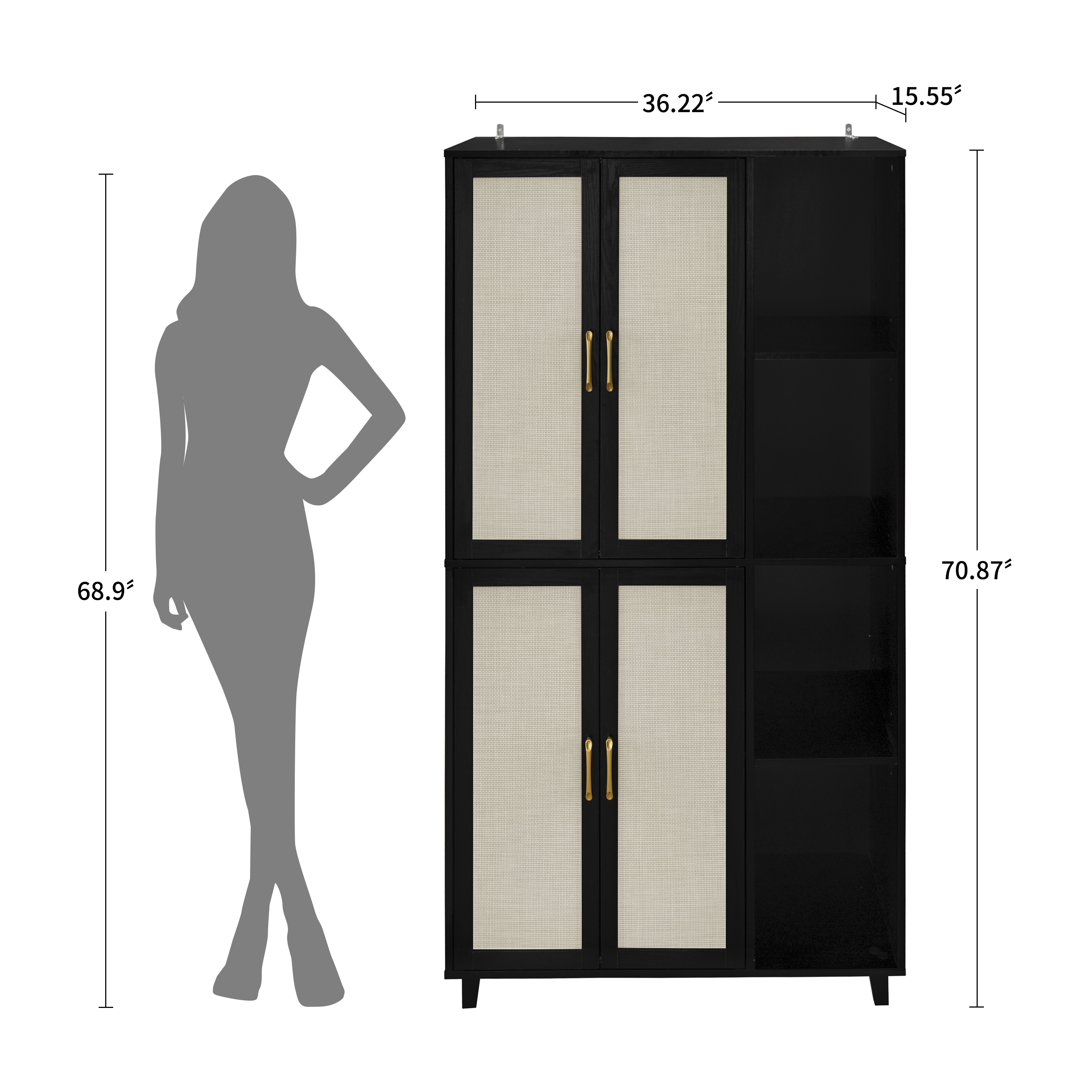 4 Door Cabinet with 4 Shelves with 4 Adjustable Inner Shelves, Storage Cabinet,  Black / Natural 