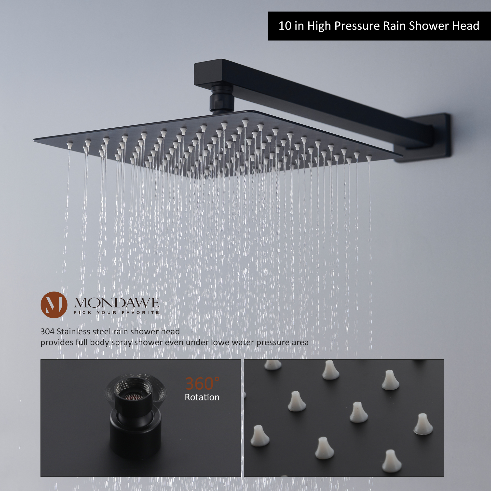 Mondawe Three function Pressure Balance Shower Set with 10 in Shower Head(5 color, Valve Included)-Mondawe