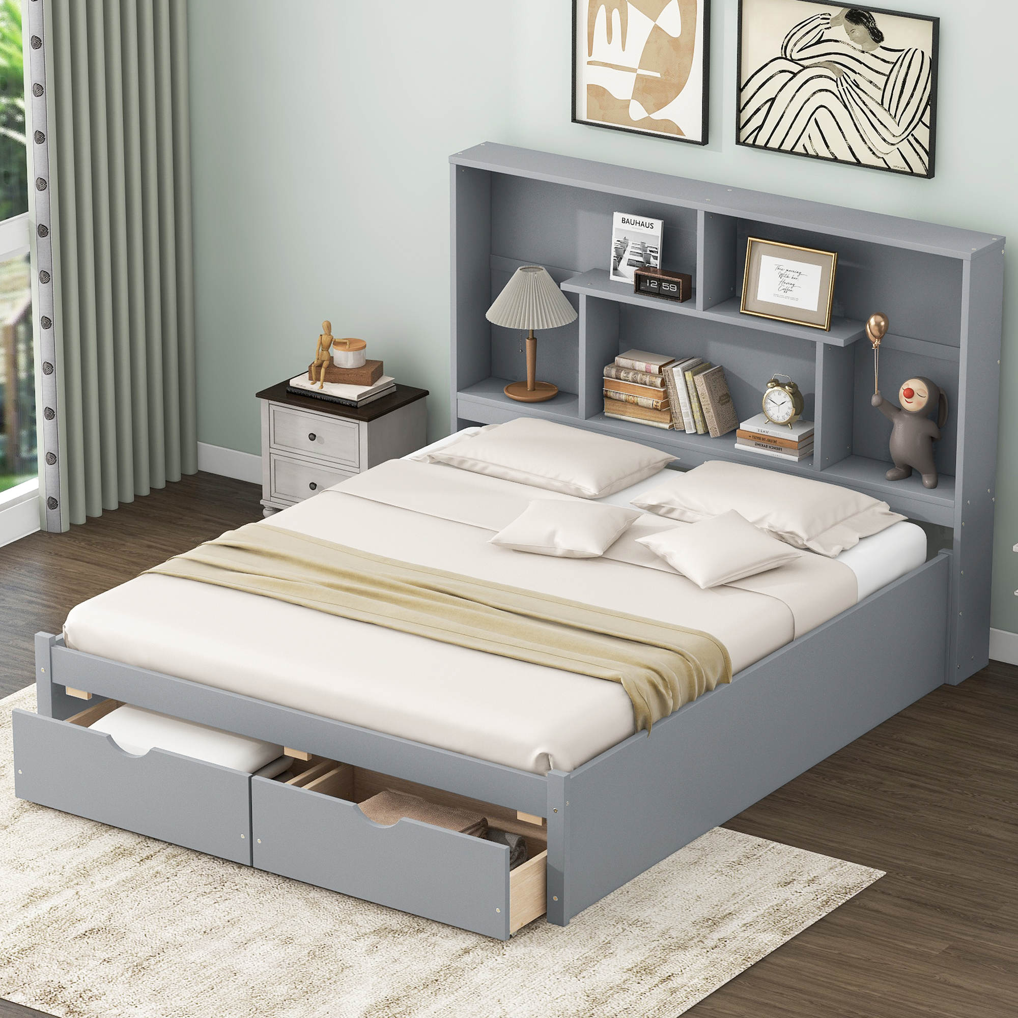 Full/Queen Size Platform Bed with Storage Headboard and 2 Drawers, Gray/White