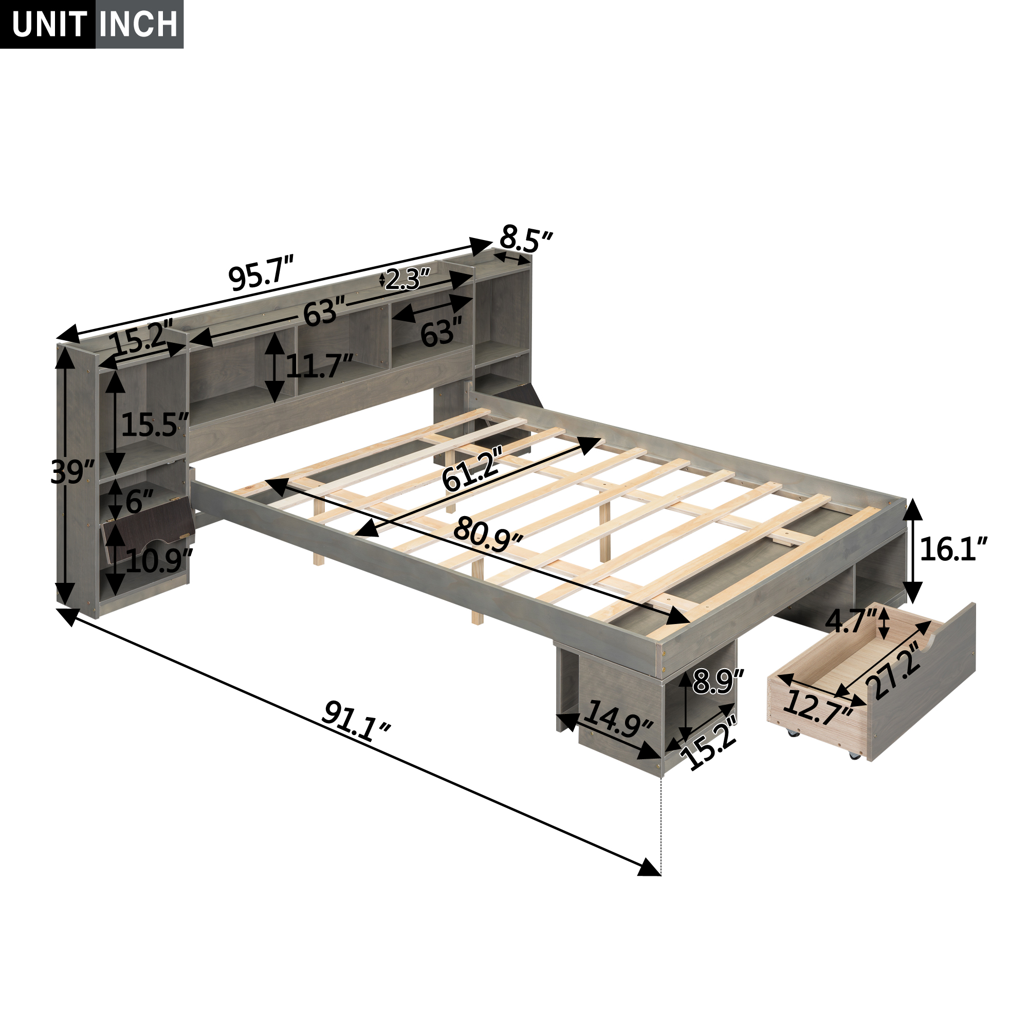 Queen Size Wood Platform Bed with Multi-storage Headboard and a Drawer, White/Gray