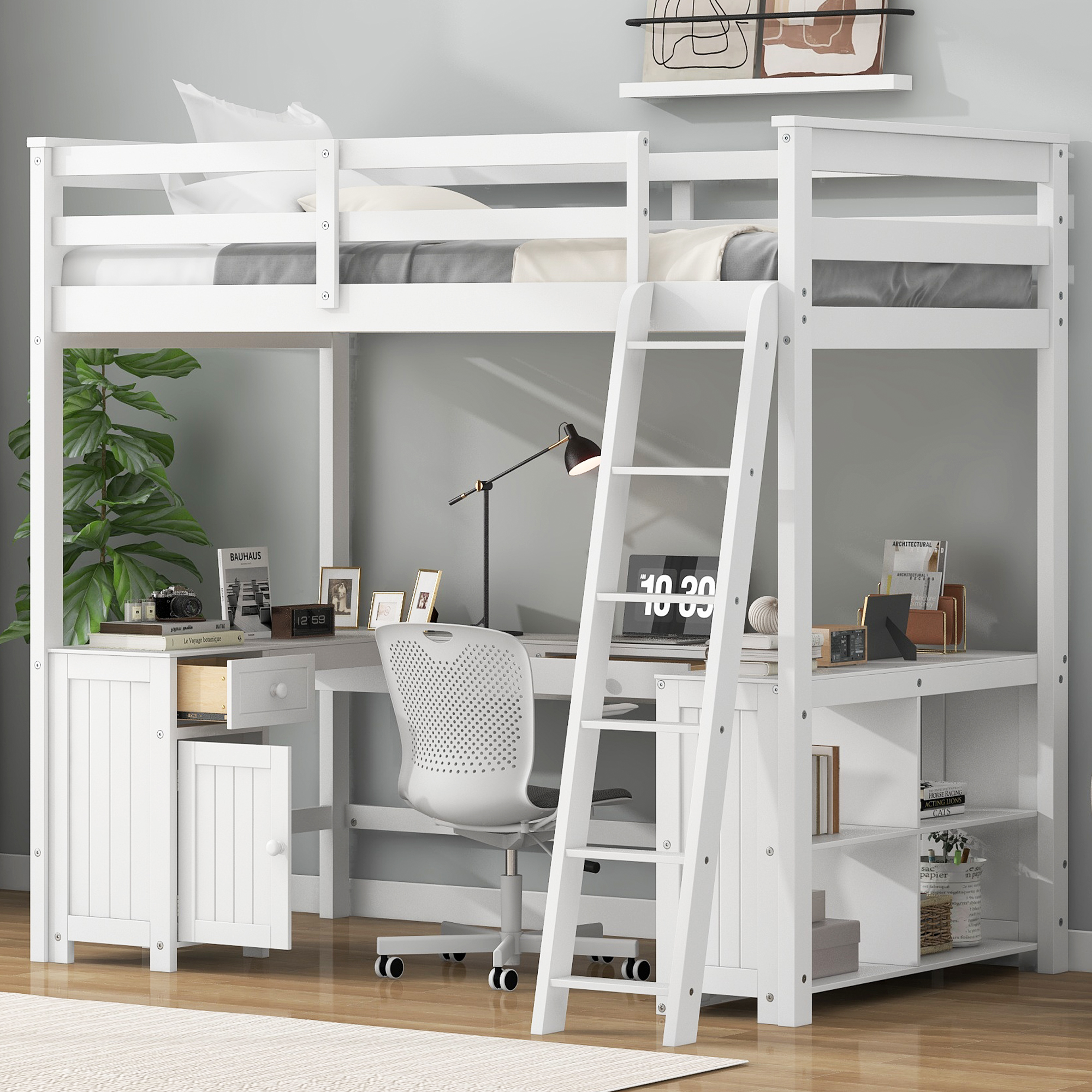 Full/Twin Size Loft Bed with U-shaped Desk, Drawers and Storage Shelves, White/Antique Brown 