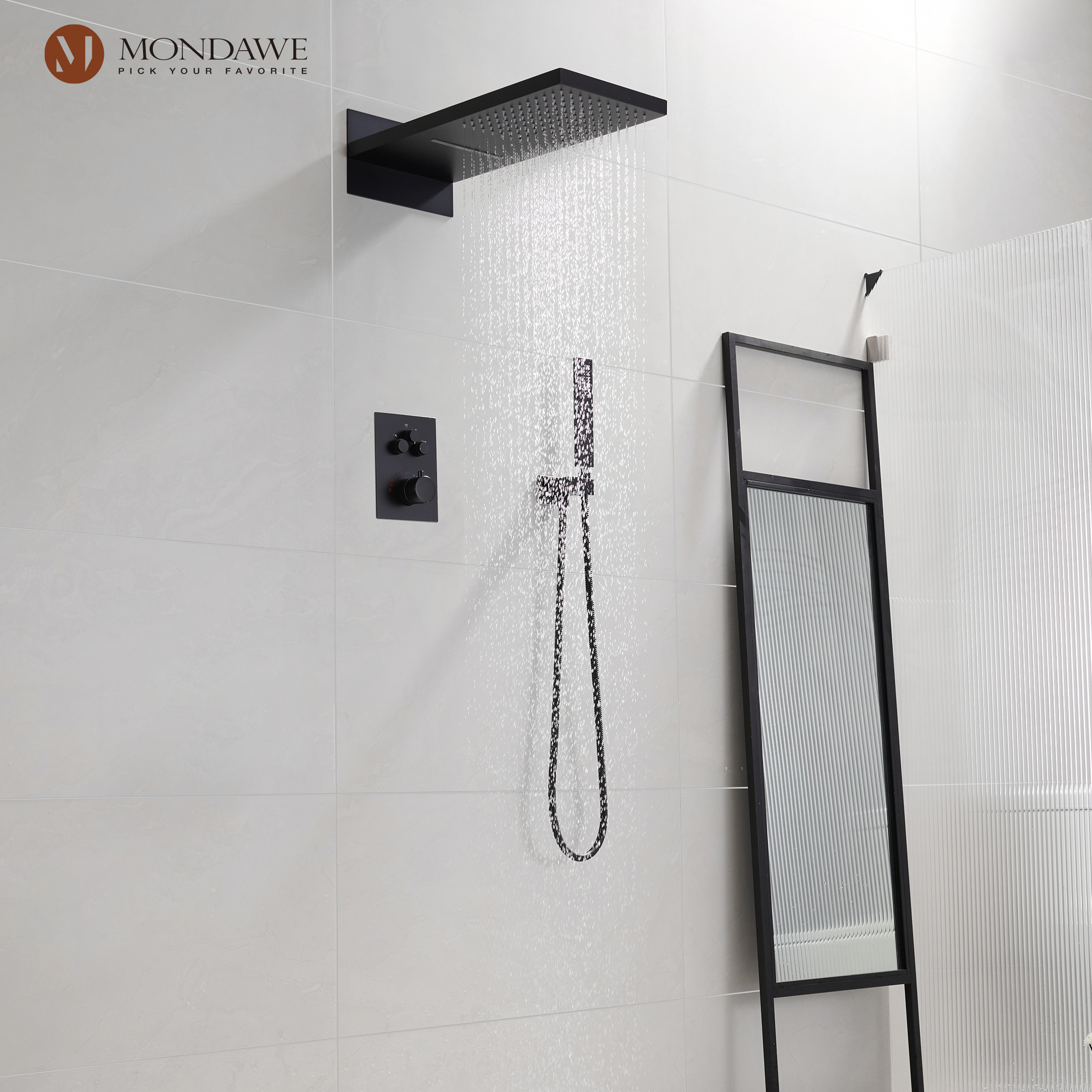 Mondawe 2 Functions Wall Mount Luxury Thermostatic Complete Shower System (Rough-In Valve Included) in Nickel/Black-Mondawe