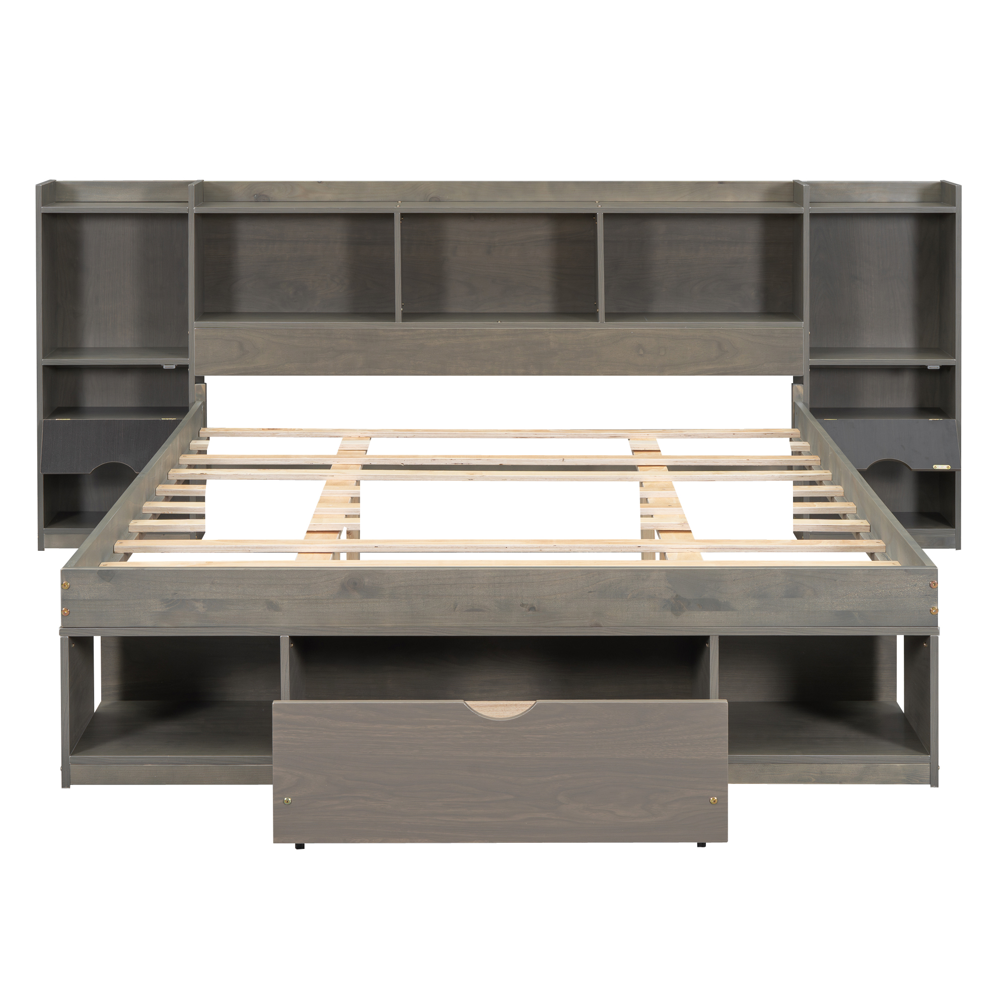 Queen Size Wood Platform Bed with Multi-storage Headboard and a Drawer, White/Gray