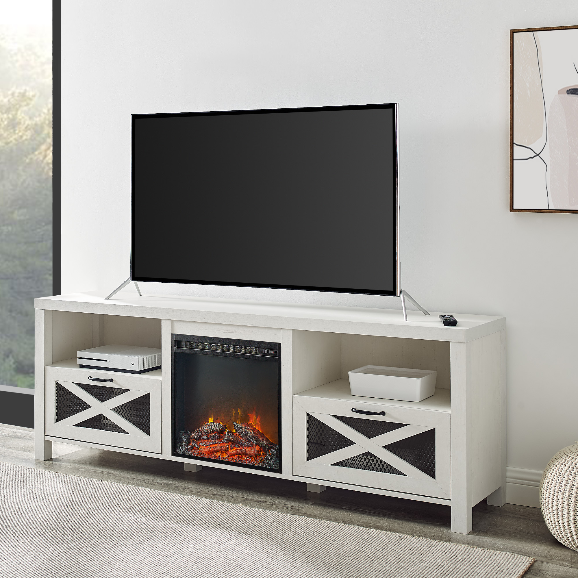 Industrial Farmhouse Metal Mesh Drop-Down X-Door 70" Fireplace TV Stand for 80" TVs - Brushed White