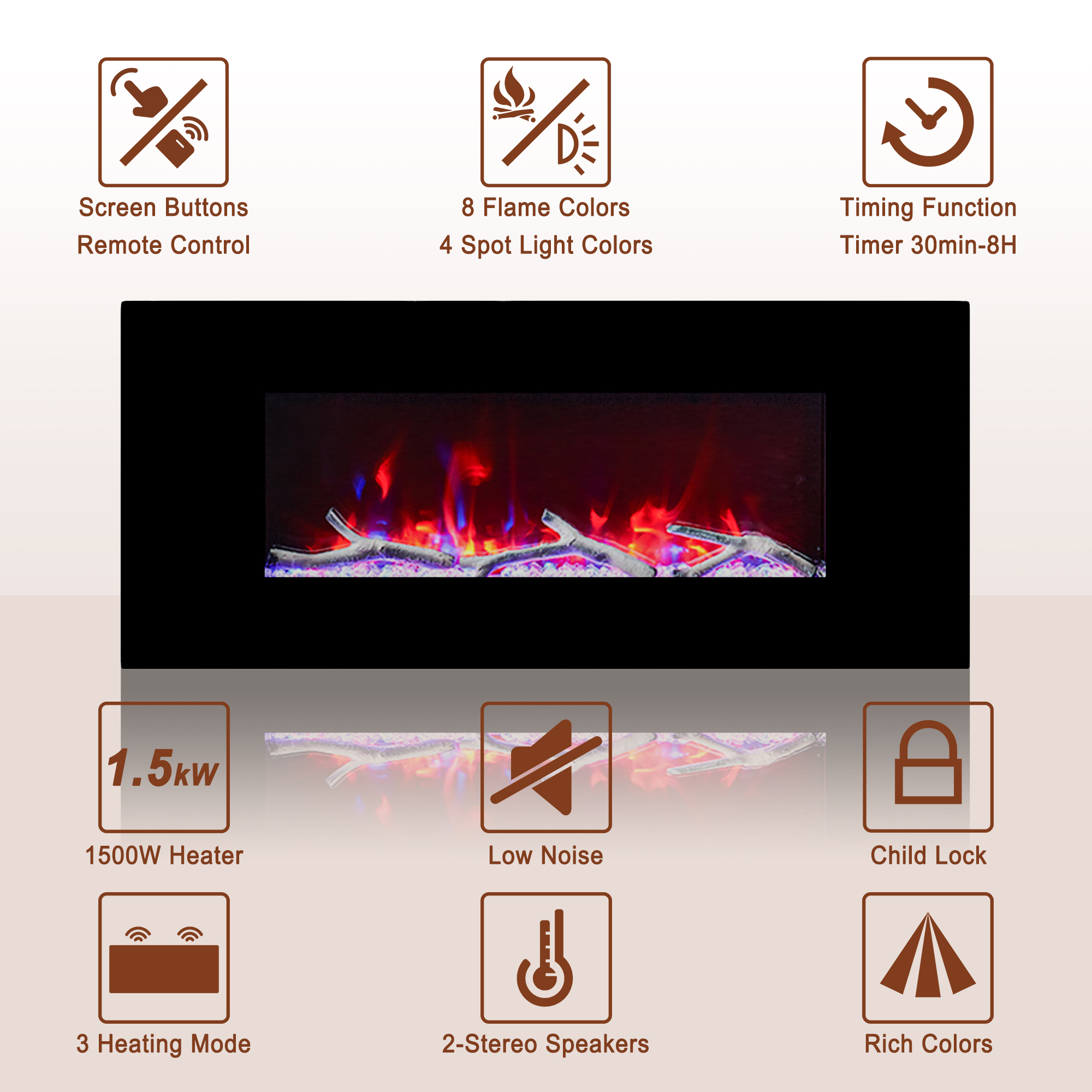 5120 BTU 42/50/60/72 in. Wall-Mounted Black Electric Fireplace Insert with 2-Speaker Stereo Sound