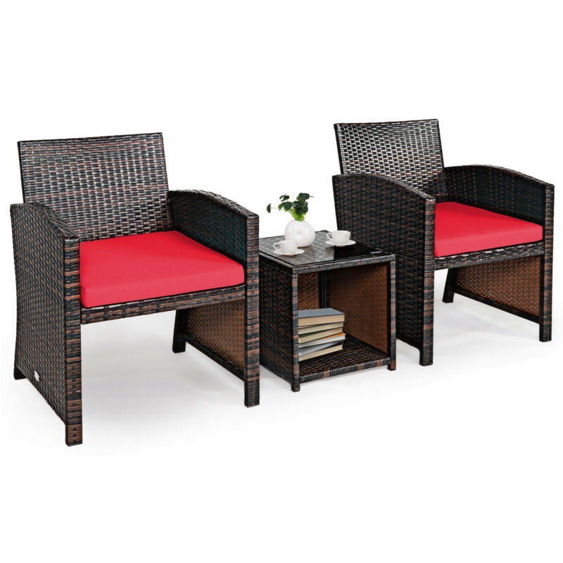 Mondawe 3 Pieces PE Rattan Wicker Furniture Set with Cushion Sofa Coffee Table for Garden-Red-Mondawe