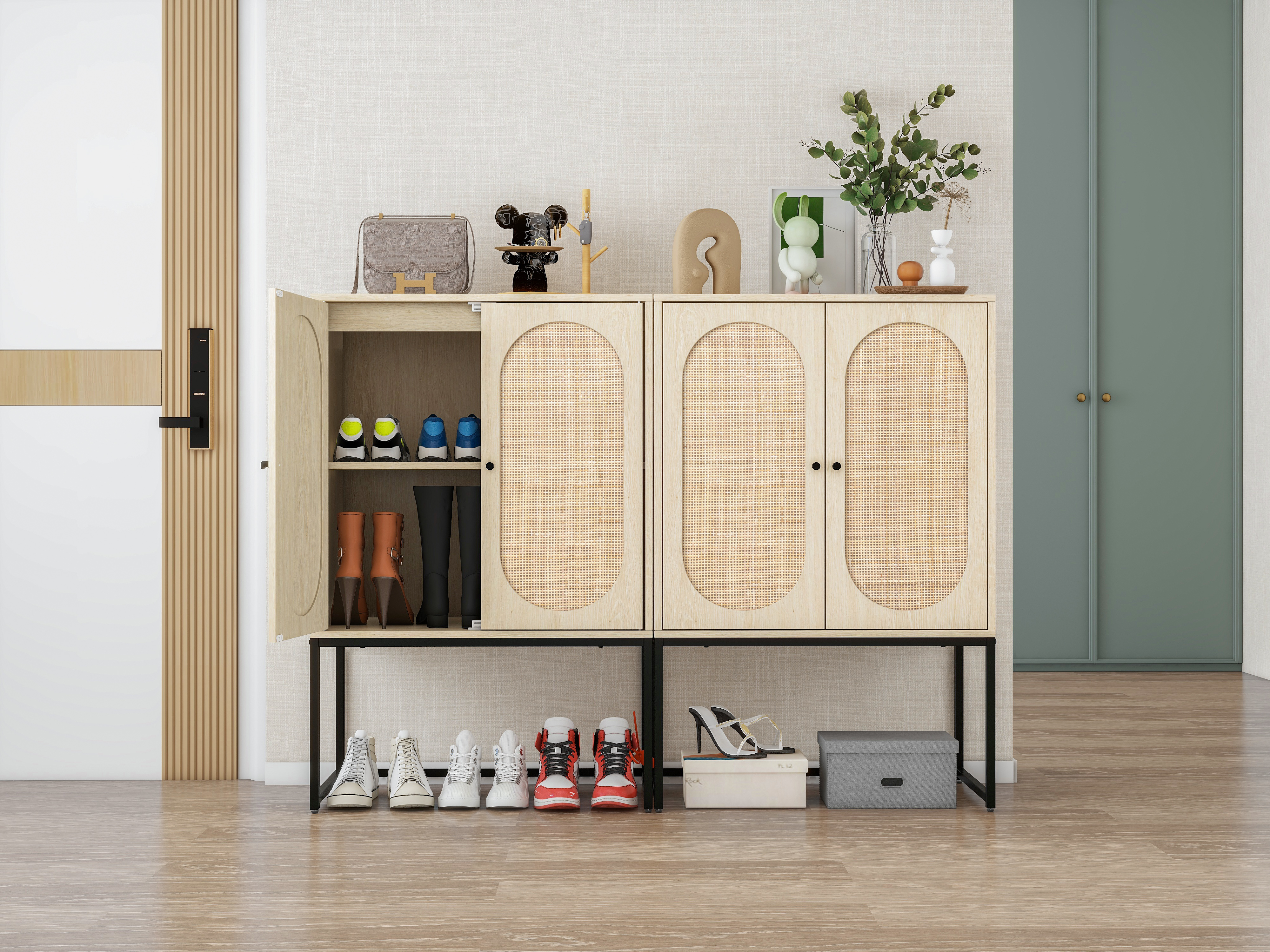 Set of 2, 2 Door High Cabinet, Natural Rattan 2 Door High Cabinet, Built-in Adjustable Shelf, Easy Assembly, Free Standing Cabinet for Living Room, Black/Natural