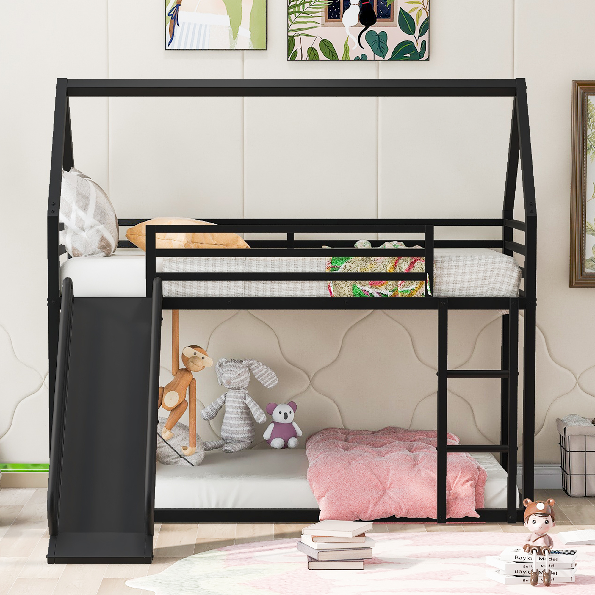 Twin over Twin House Bunk Bed with Ladder and Slide,White/Black
