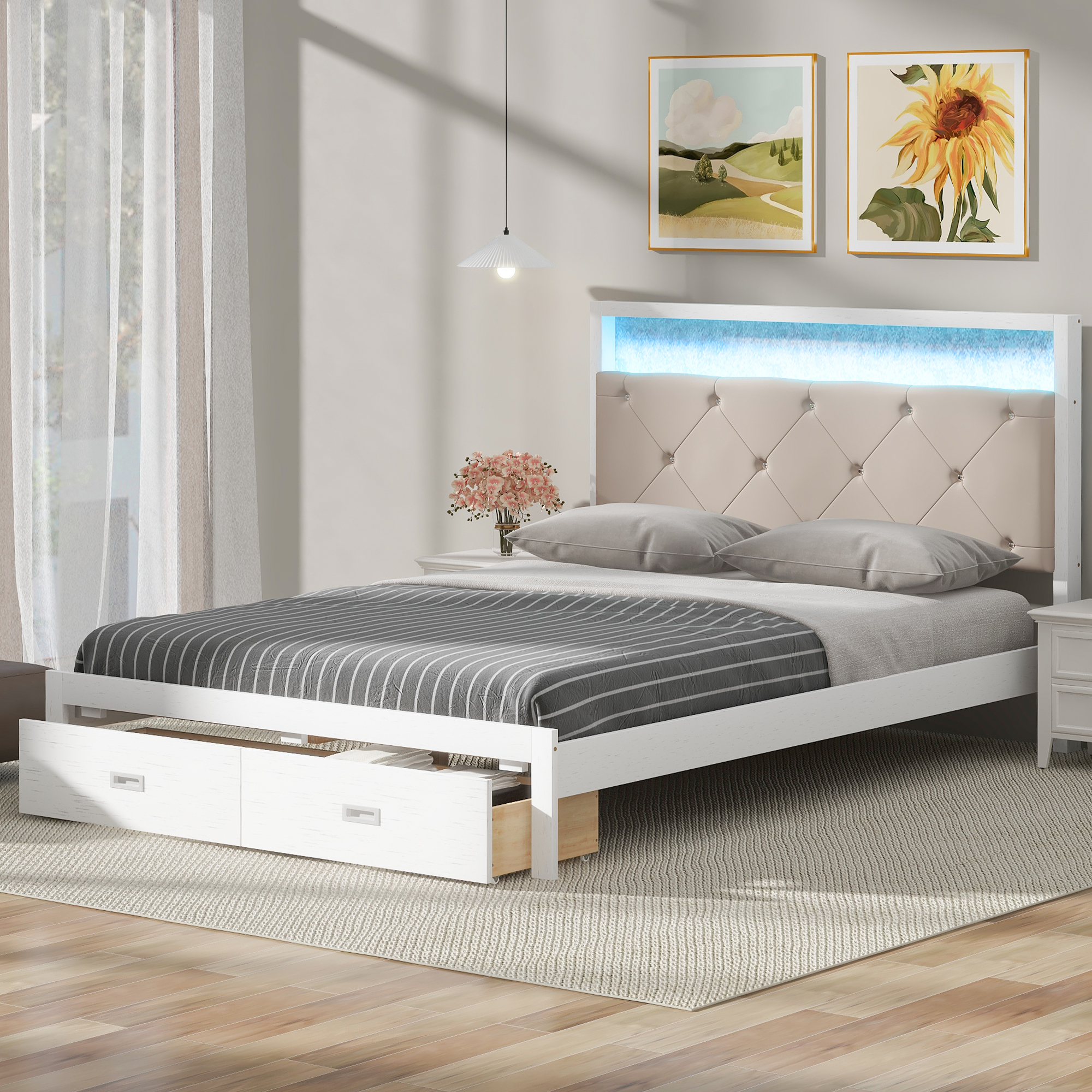 Wood Queen/Full Size Platform Bed with Upholstered Headboard and LED and 2 Drawers, Antique White 