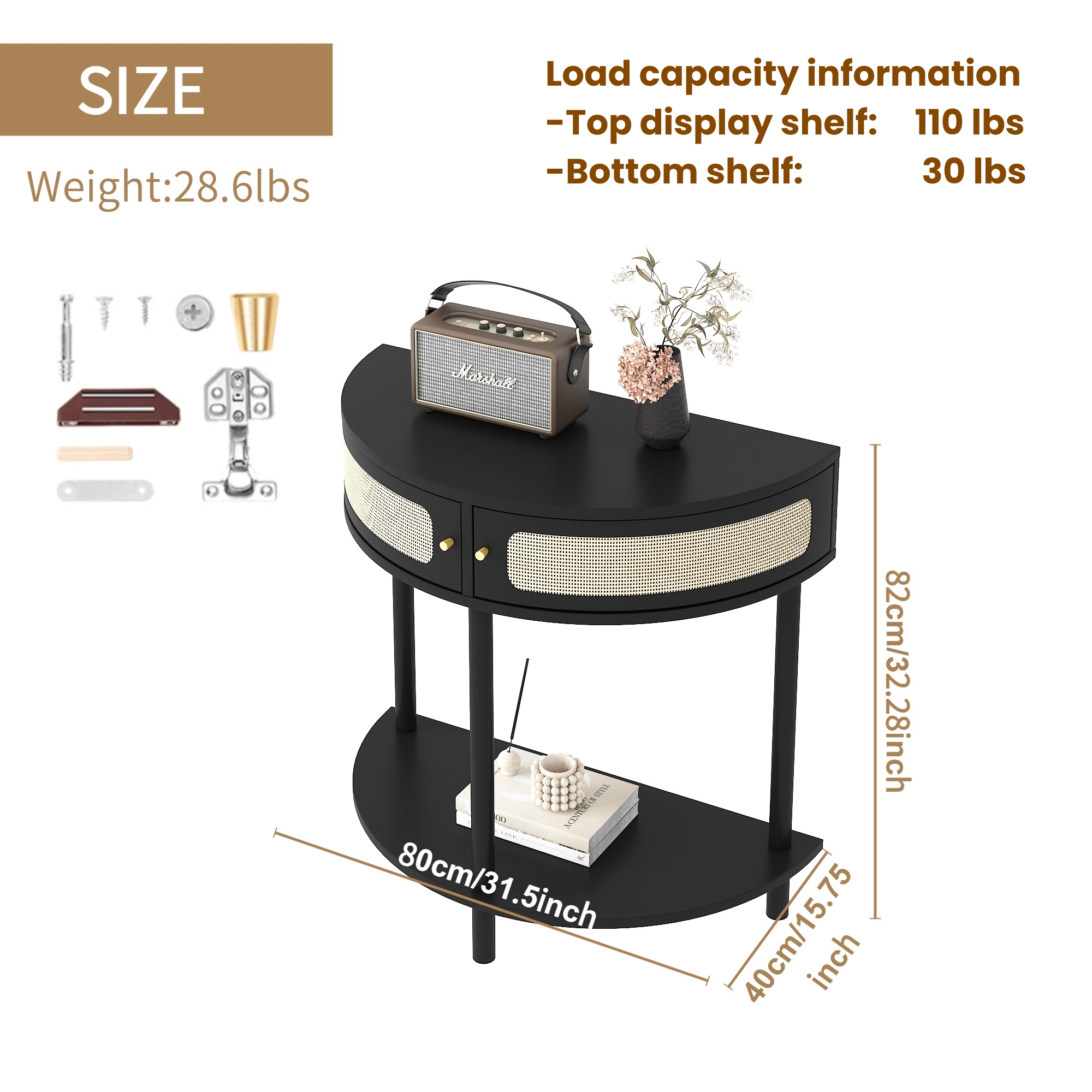 Unique Half Moon Design End Table with Sliding Rattan Door,Elegant Semi-circle Entryway Console Table with 2 Rattan Storage Cabinet and Bottom Shelf for Living room, Bedroom, Study, Hallway 