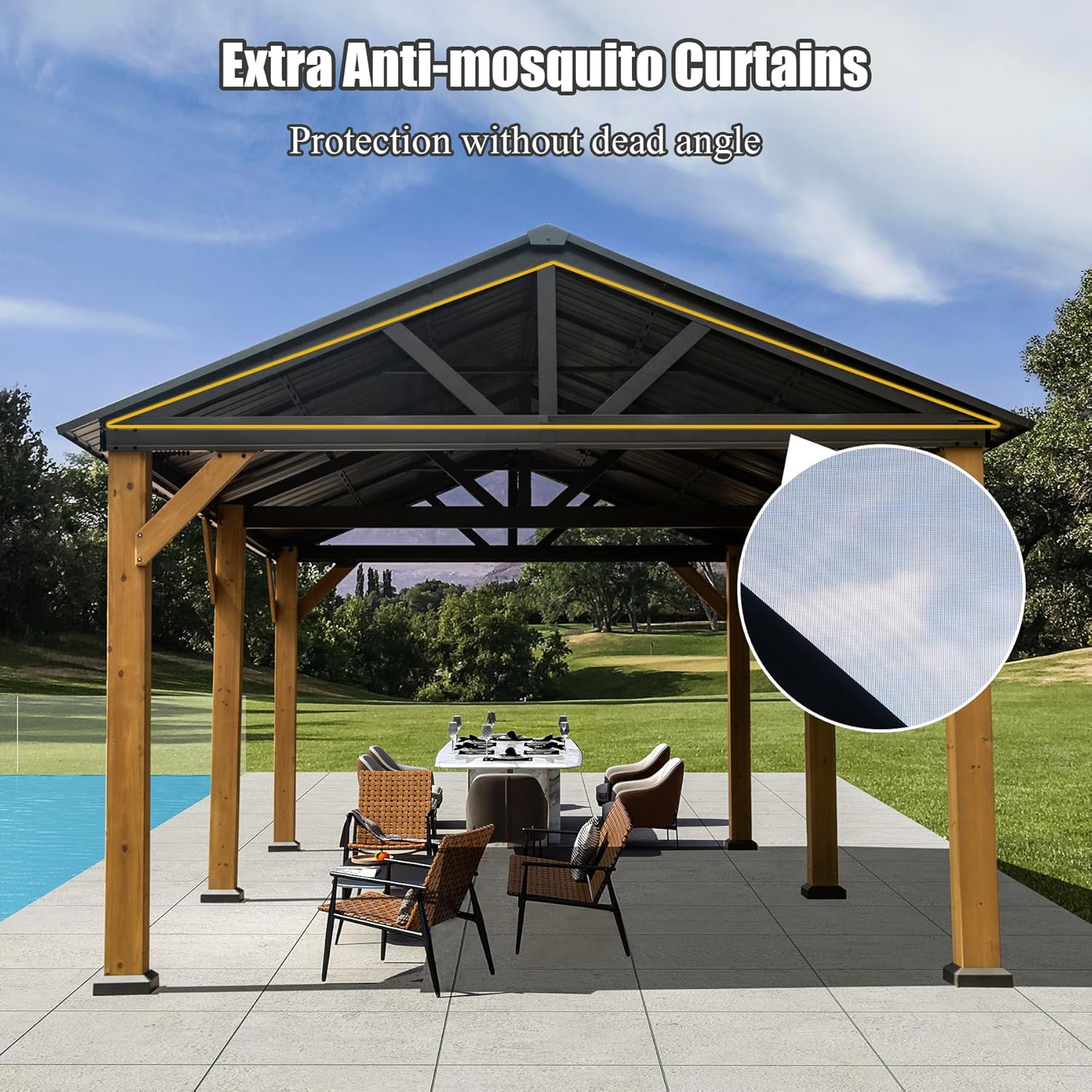 Outdoor Aluminum Hardtop Gazebo Wood Looking Frame Galvanized Steel Gable Tent for Patio Decks Backyard