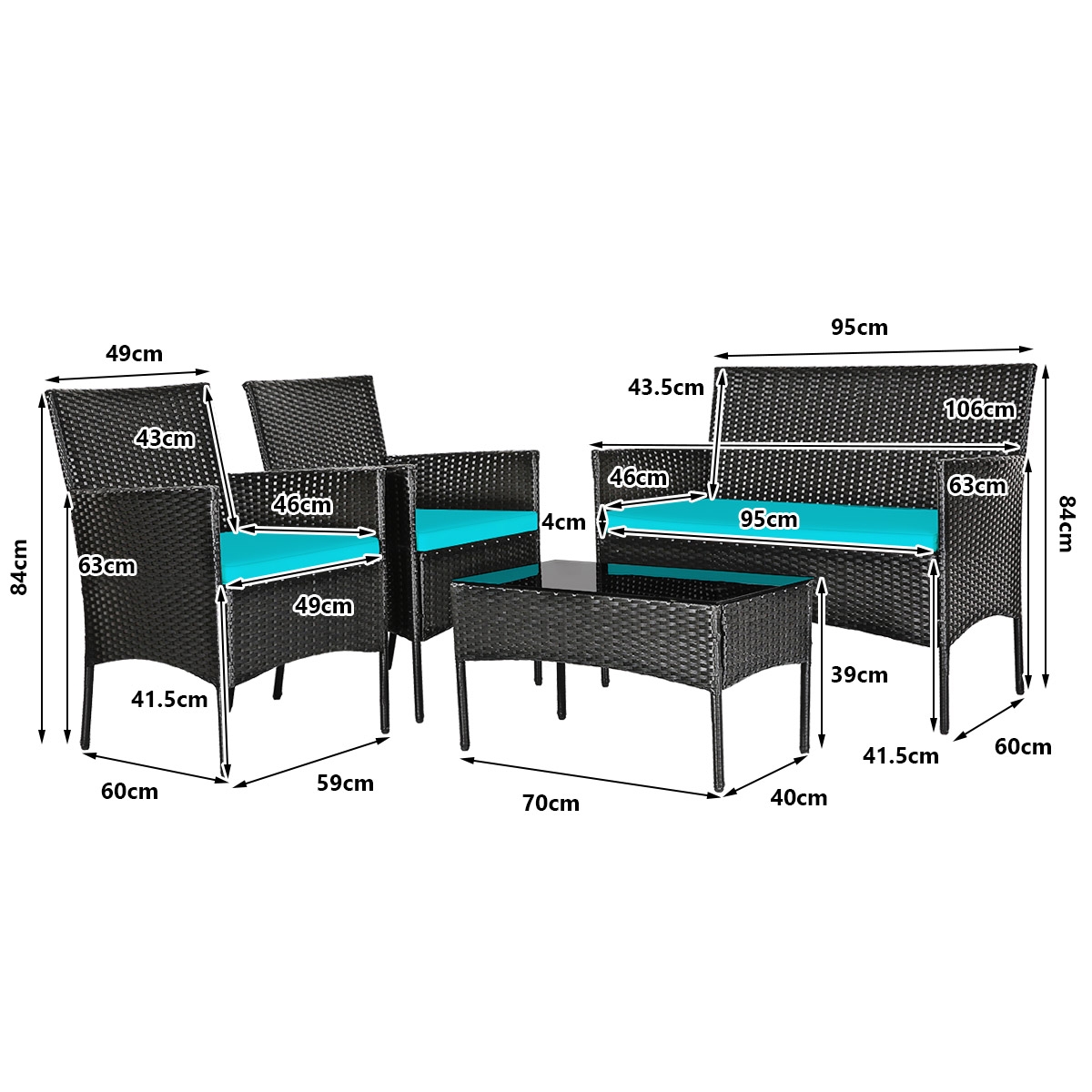 Mondawe 4 Pcs Patio Rattan Cushioned Sofa Furniture Set with Tempered Glass Coffee Table-Turquoise-Mondawe